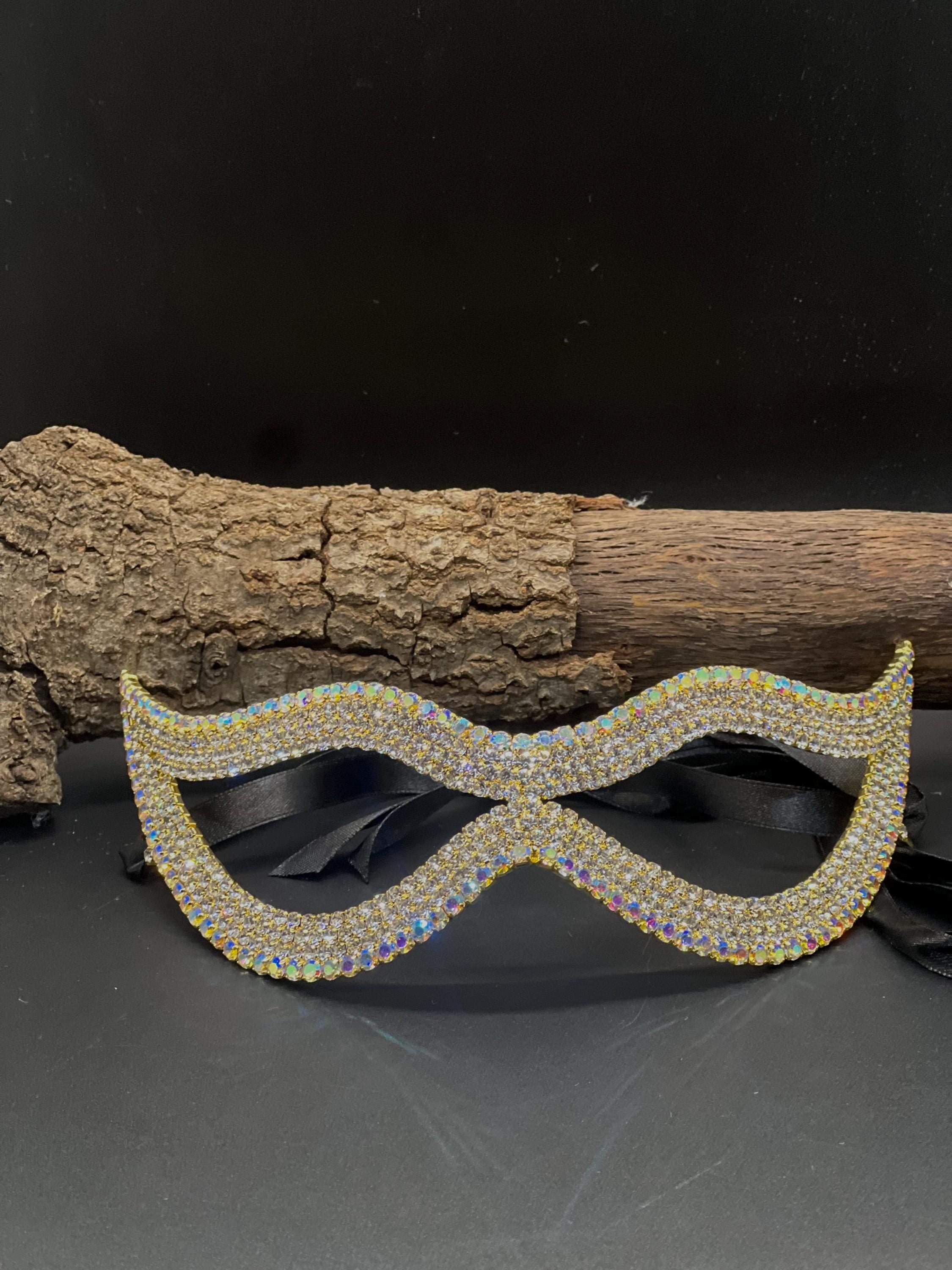 Gold Crystal Masquerade Mask – Sparkling Bling Eye Mask with Ribbon Tie