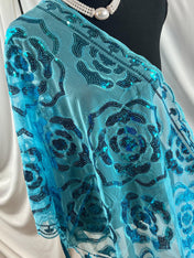 Sparkle Blue Exquisite Roses Decor Sequin Scarf – Floral Sequin Embroidery Shawl with Tassel Details