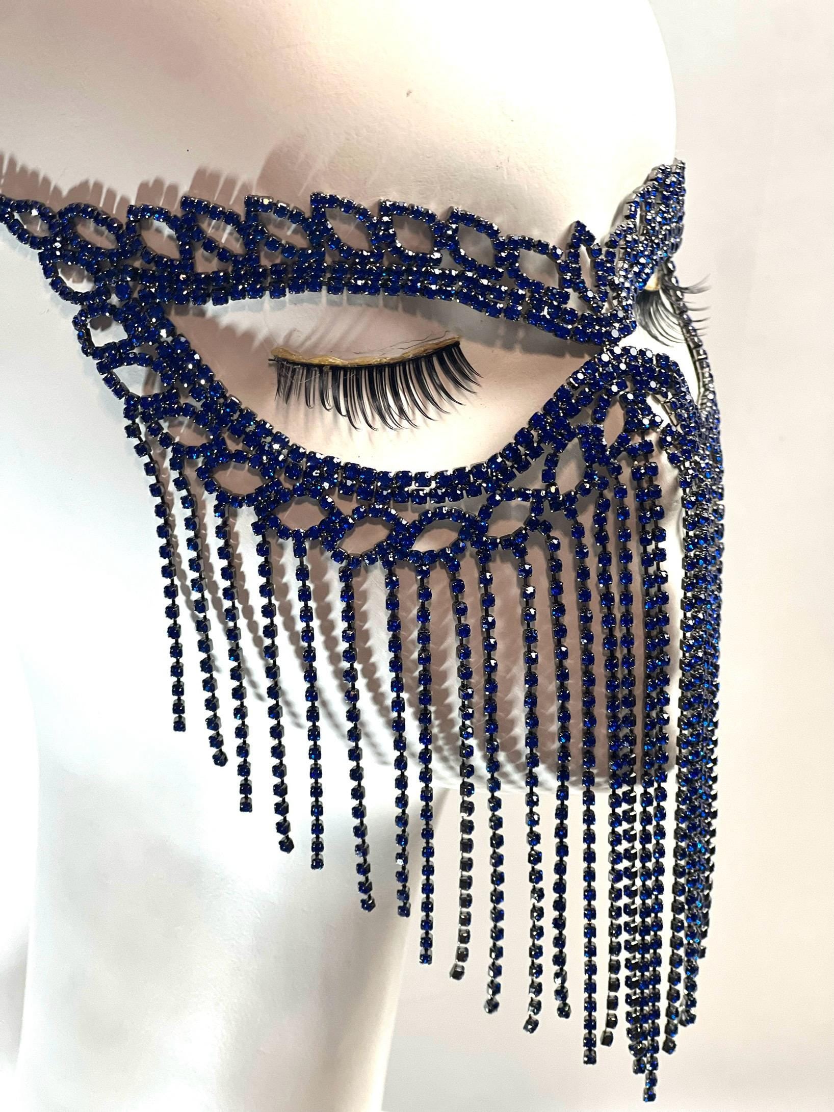 Royal Blue Crystal Tassel Masquerade Mask – Elegant and Glamorous