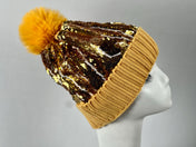 Gold Yellow Pom Pom Sequin Thick Warm Hat – Cozy, Sparkling Winter Essential