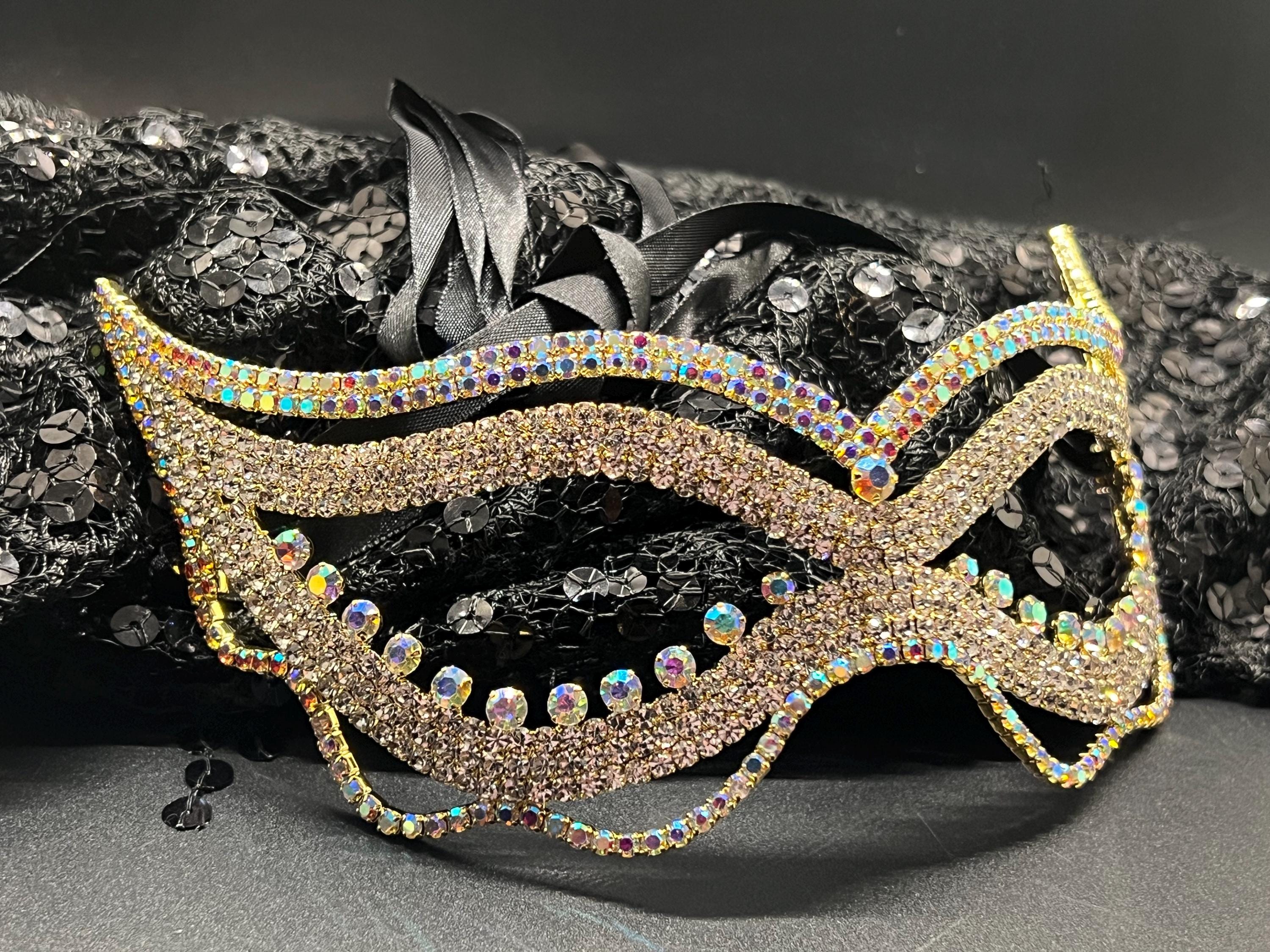 Gold Crystal Masquerade Mask – Sparkling Bling Eye Mask with Ribbon Tie