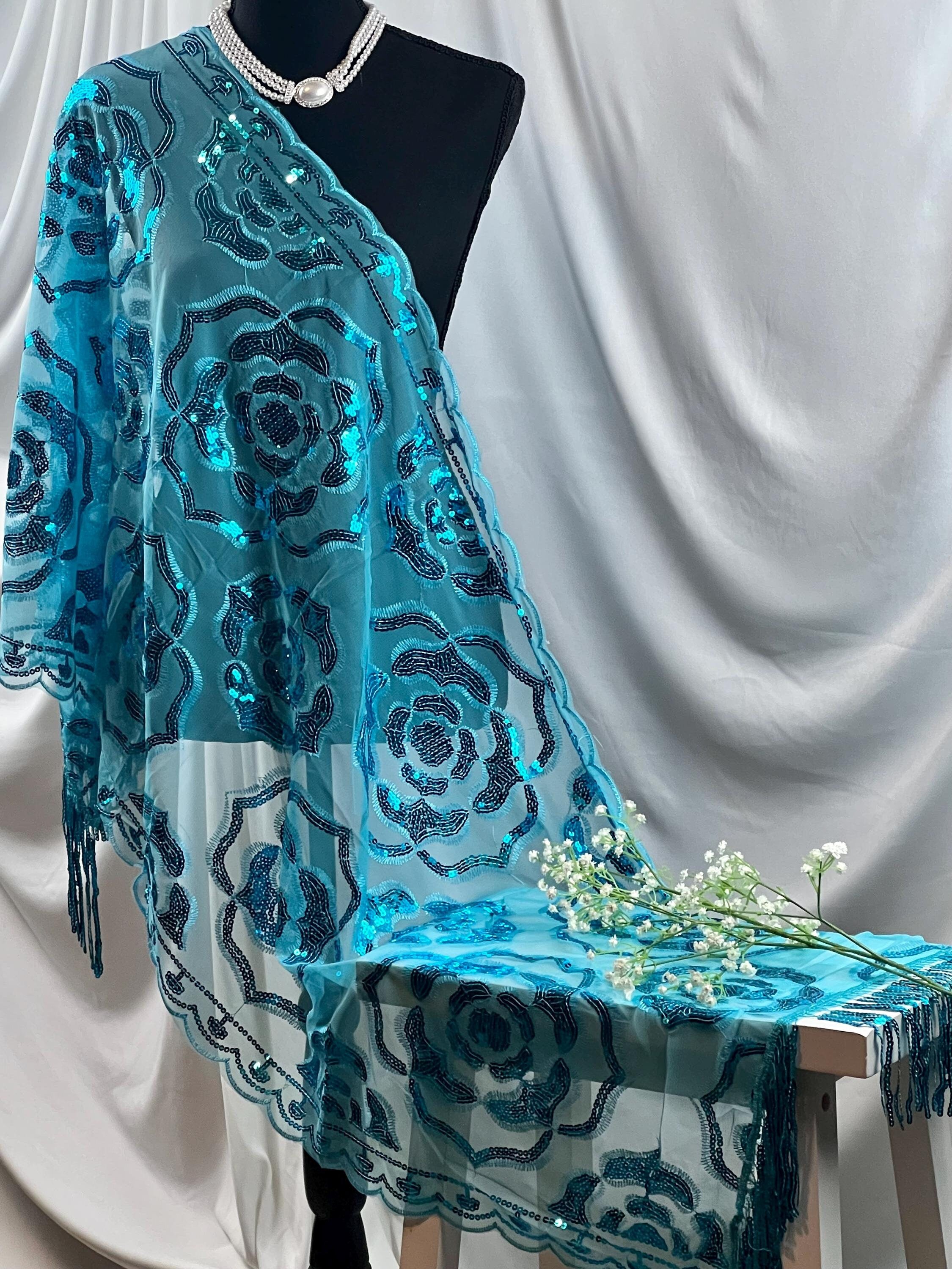 Sparkle Blue Exquisite Roses Decor Sequin Scarf – Floral Sequin Embroidery Shawl with Tassel Details