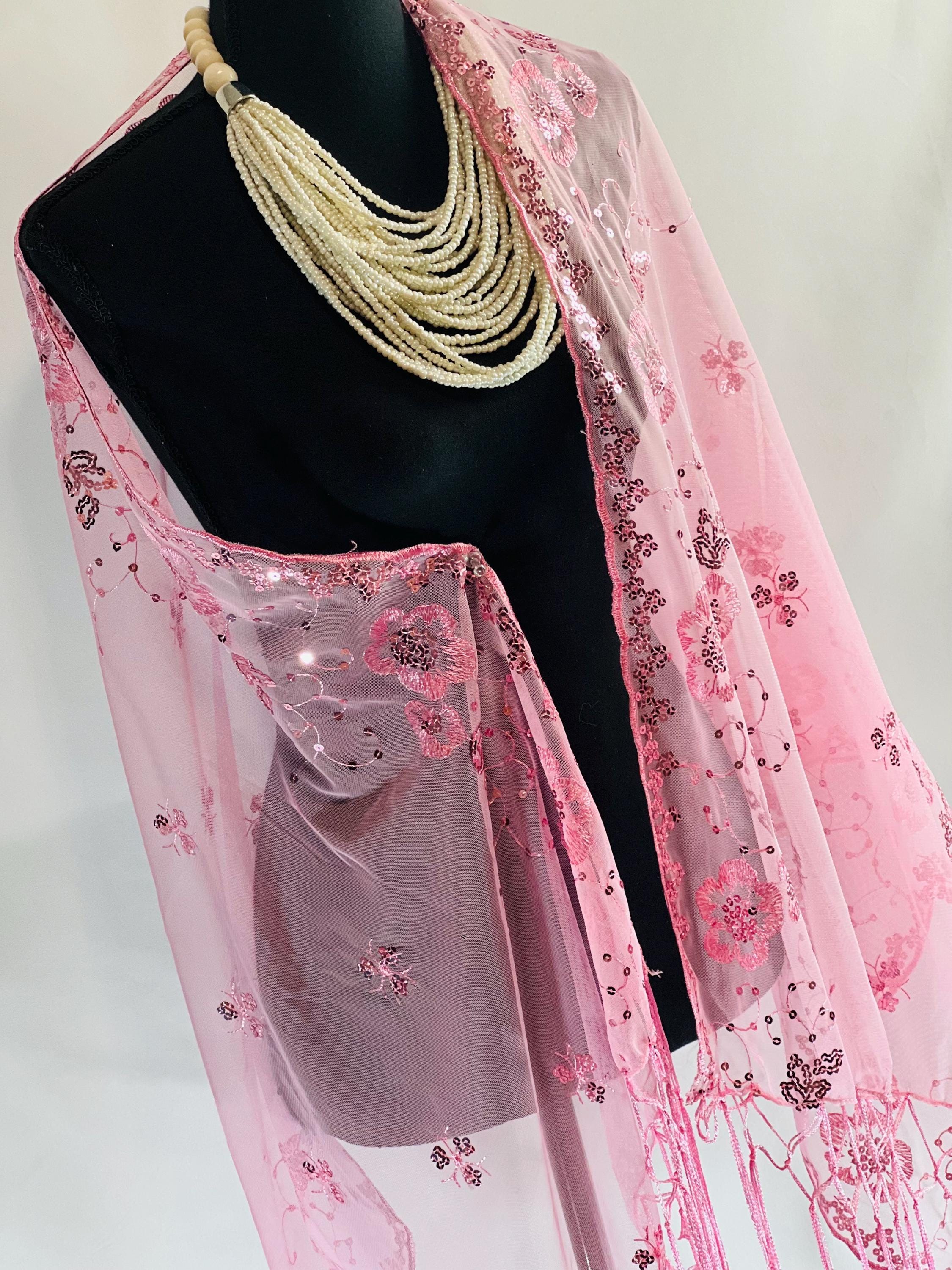 ROSE PINK Embroidery Floral Decor Sequin Scarf – Elegant Metallic Evening Shawl with Tassels, Sheer Look Sparkling Metallic Shawl