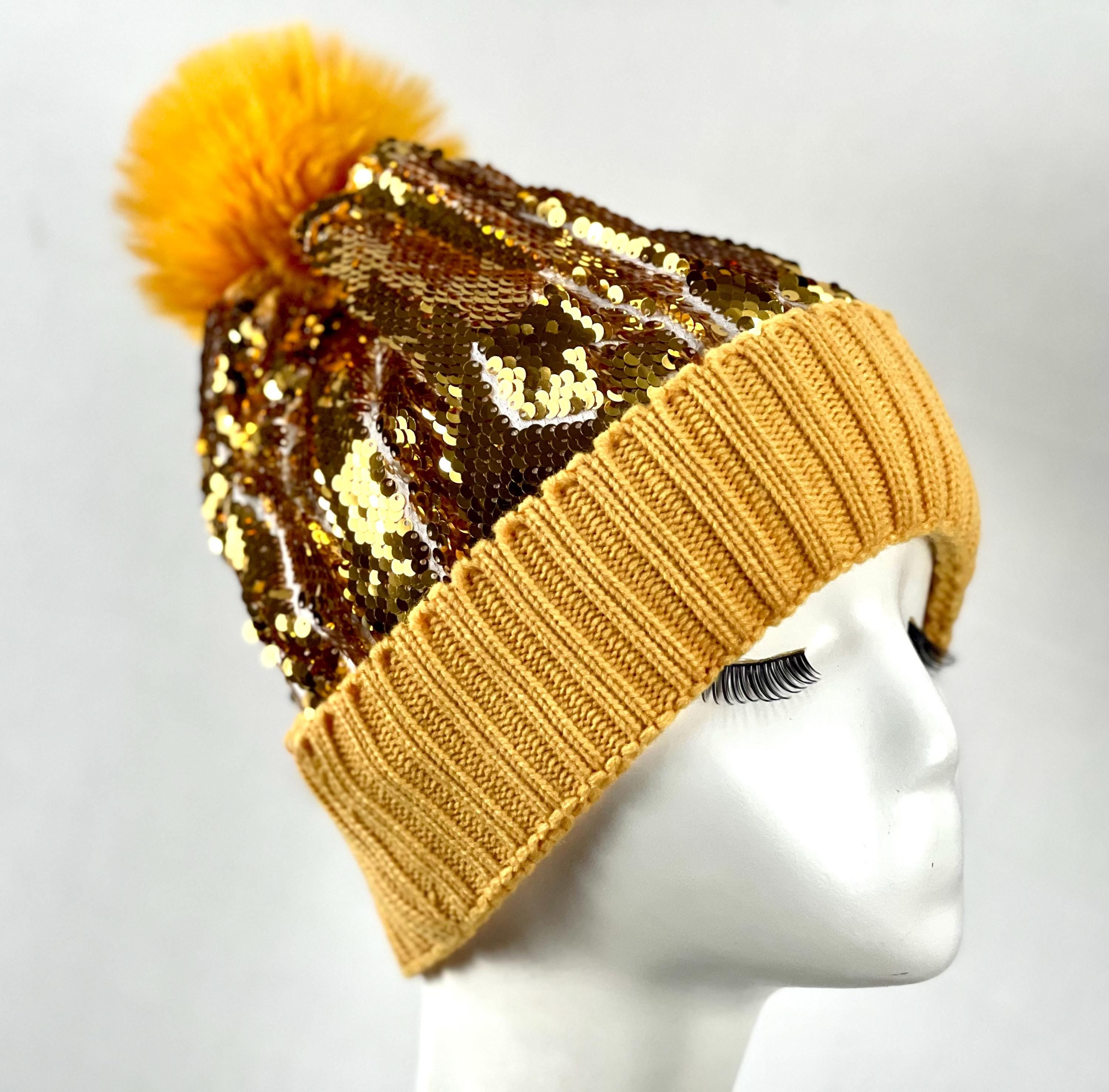 Gold Yellow Pom Pom Sequin Thick Warm Hat – Cozy, Sparkling Winter Essential