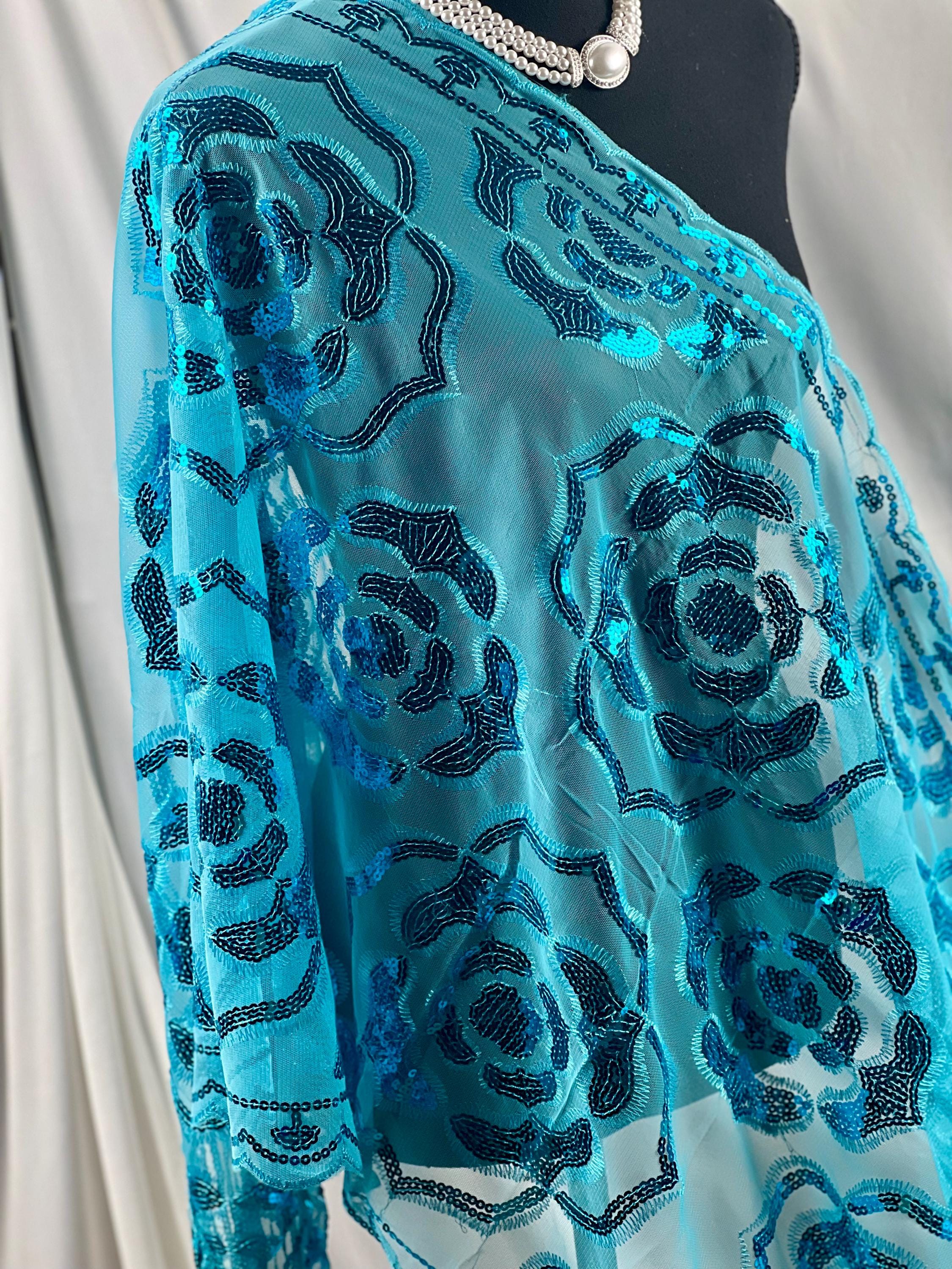 Sparkle Blue Exquisite Roses Decor Sequin Scarf – Floral Sequin Embroidery Shawl with Tassel Details