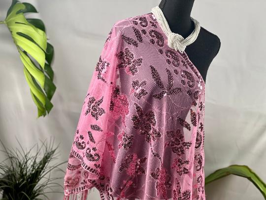 Rose Pink Sequin Embroidery Shawl Sparkling Metallic Wrap Bling Scarf for Special Occasions Unique Design, Shining Under the Light