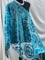 Sparkle Blue Exquisite Roses Decor Sequin Scarf – Floral Sequin Embroidery Shawl with Tassel Details