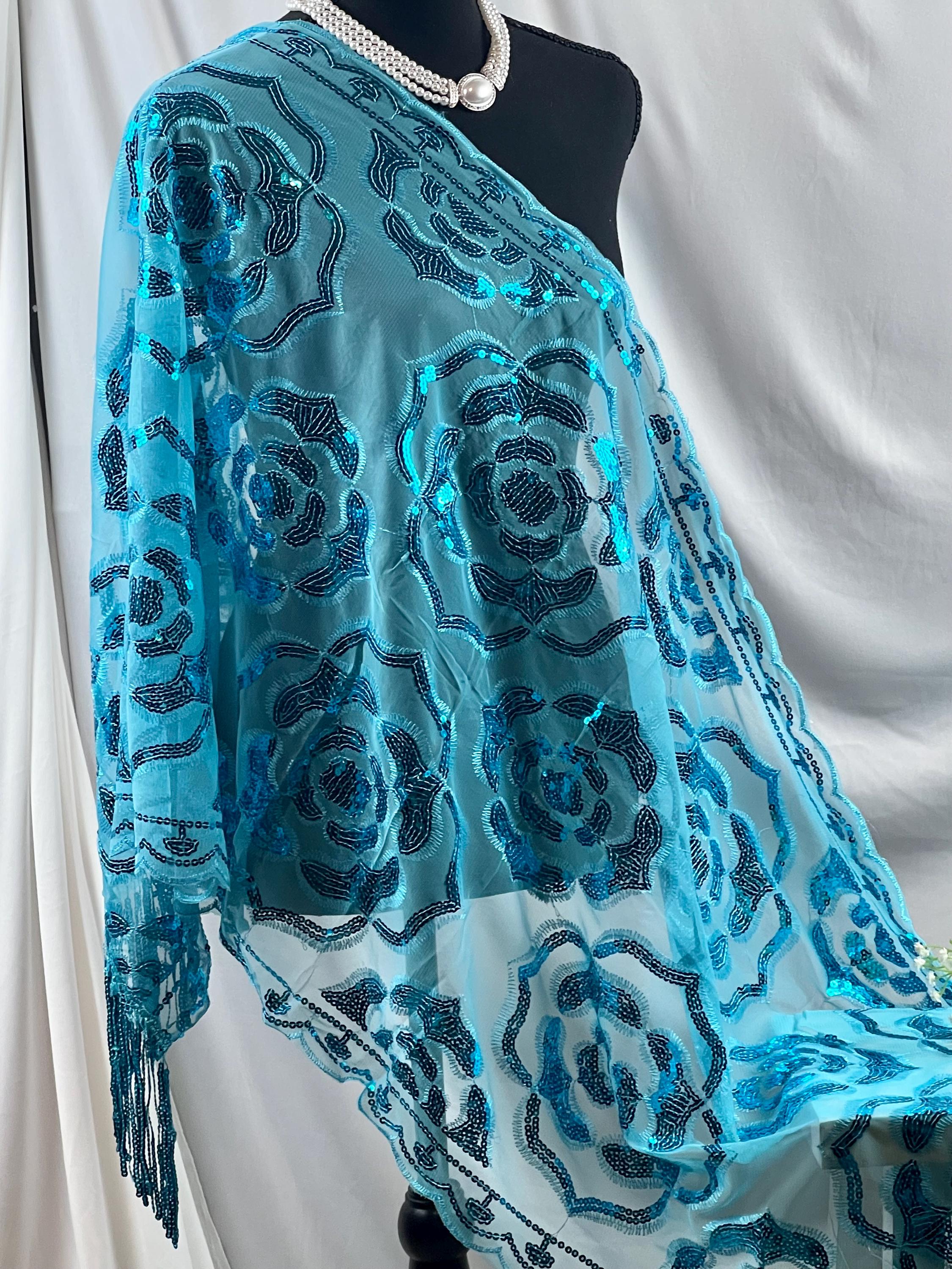 Sparkle Blue Exquisite Roses Decor Sequin Scarf – Floral Sequin Embroidery Shawl with Tassel Details