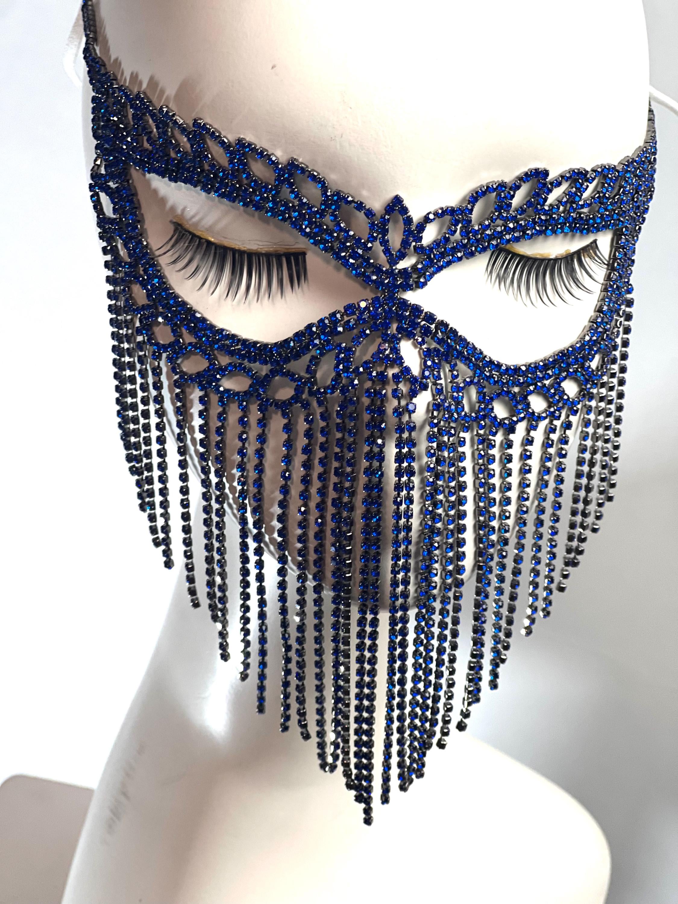 Royal Blue Crystal Tassel Masquerade Mask – Elegant and Glamorous