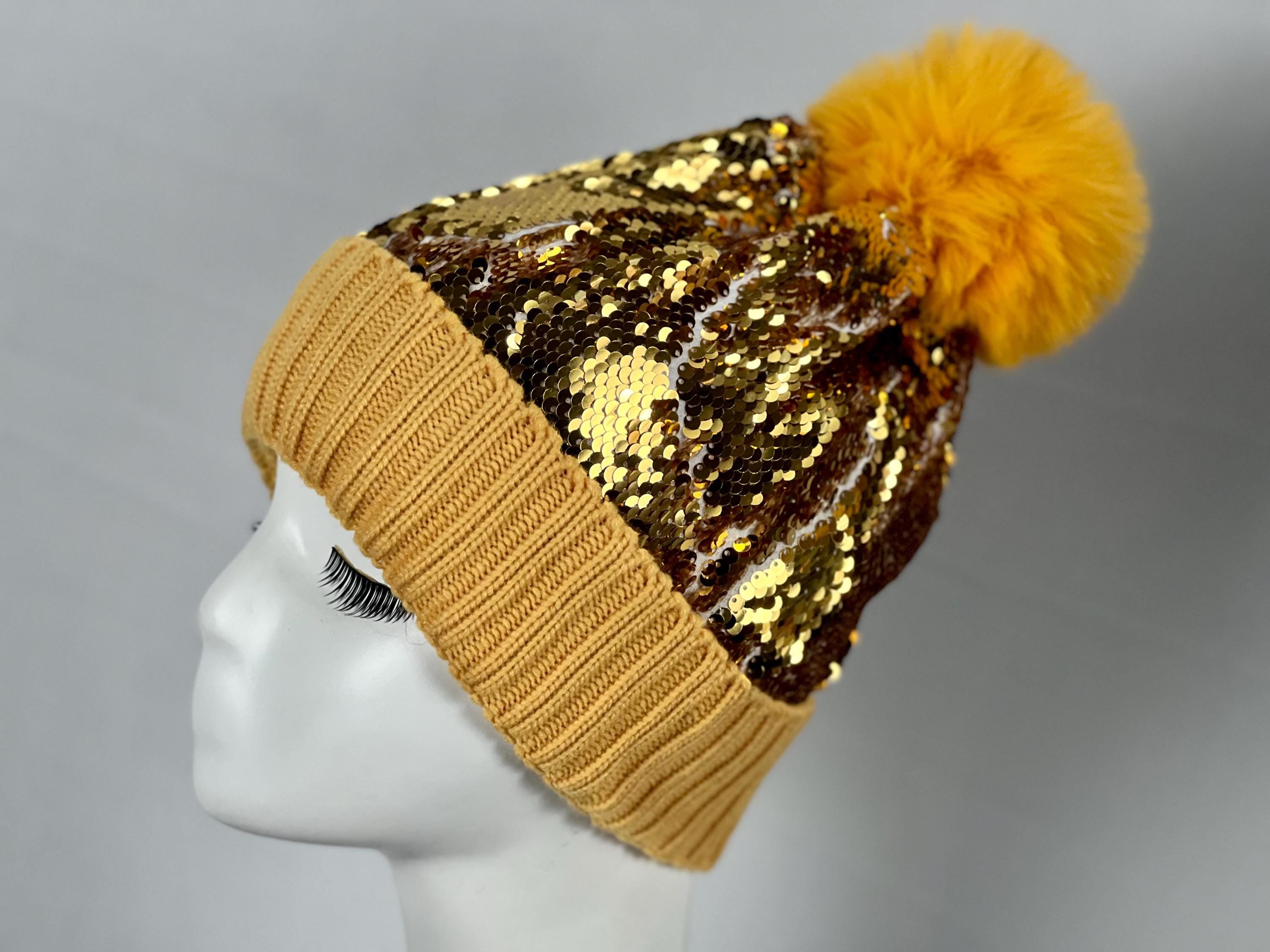 Gold Yellow Pom Pom Sequin Thick Warm Hat – Cozy, Sparkling Winter Essential