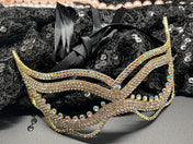 Gold Crystal Masquerade Mask – Sparkling Bling Eye Mask with Ribbon Tie