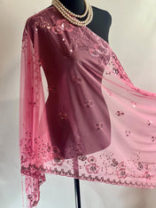 ROSE PINK Embroidery Floral Decor Sequin Scarf – Elegant Metallic Evening Shawl with Tassels, Sheer Look Sparkling Metallic Shawl