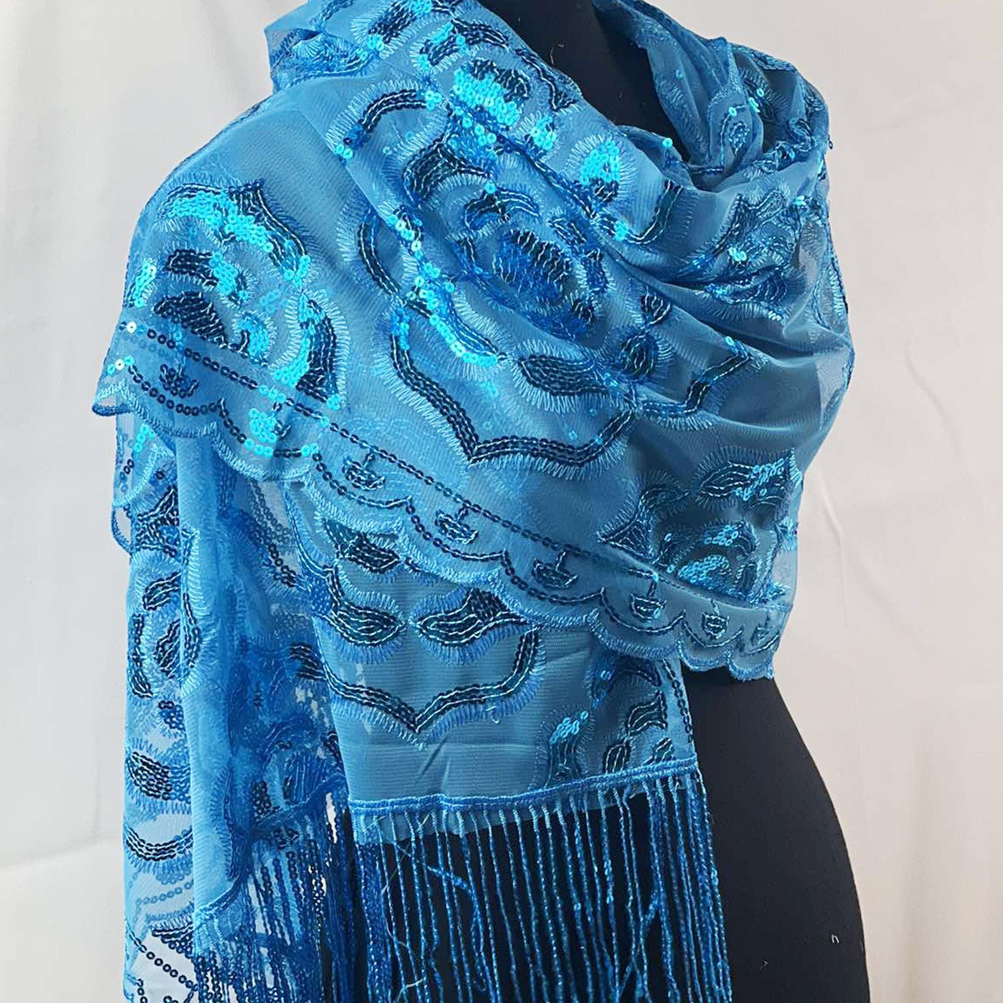 Sparkle Blue Exquisite Roses Decor Sequin Scarf – Floral Sequin Embroidery Shawl with Tassel Details