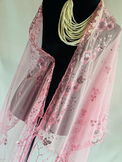 ROSE PINK Embroidery Floral Decor Sequin Scarf – Elegant Metallic Evening Shawl with Tassels, Sheer Look Sparkling Metallic Shawl