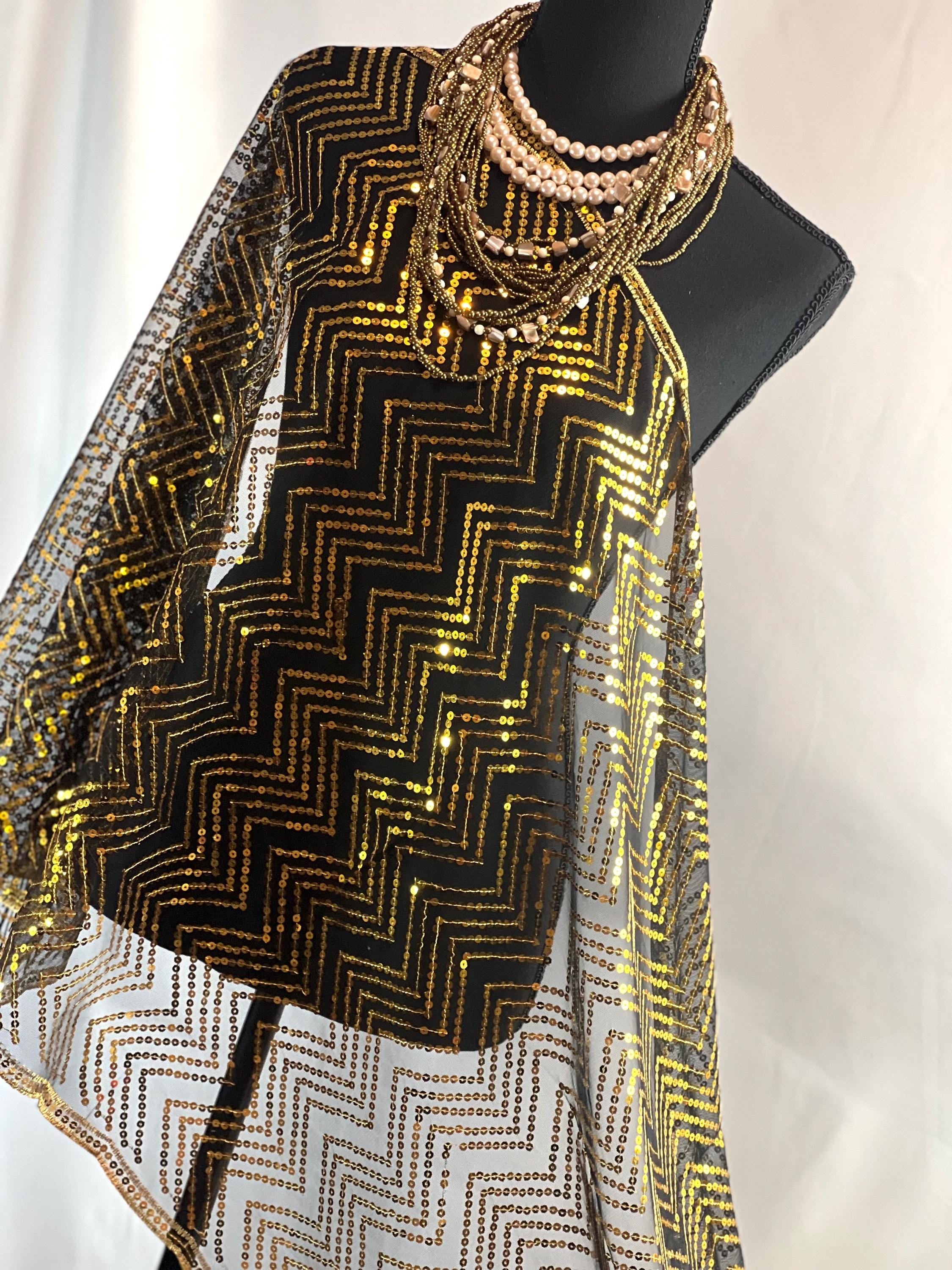 BLACK Gold Sparkle Metallic Sequin Scarf – Bling Evening Shawl with Tassel Details