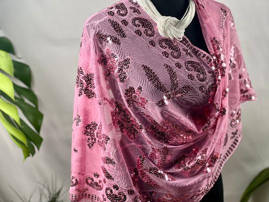 Rose Pink Sequin Embroidery Shawl Sparkling Metallic Wrap Bling Scarf for Special Occasions Unique Design, Shining Under the Light