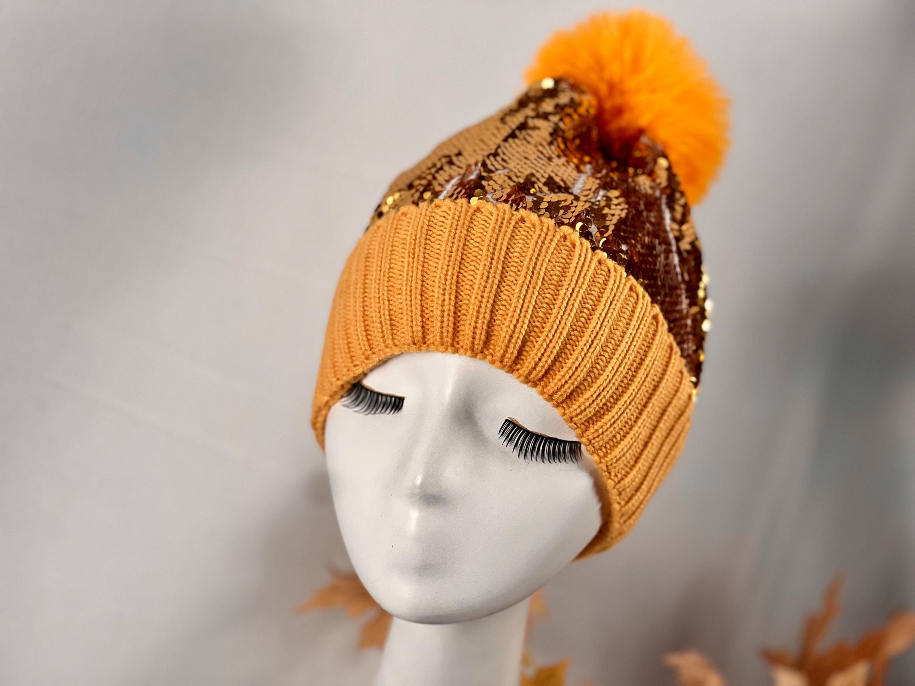 Gold Yellow Pom Pom Sequin Thick Warm Hat – Cozy, Sparkling Winter Essential