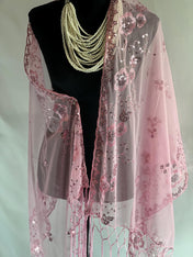 ROSE PINK Embroidery Floral Decor Sequin Scarf – Elegant Metallic Evening Shawl with Tassels, Sheer Look Sparkling Metallic Shawl