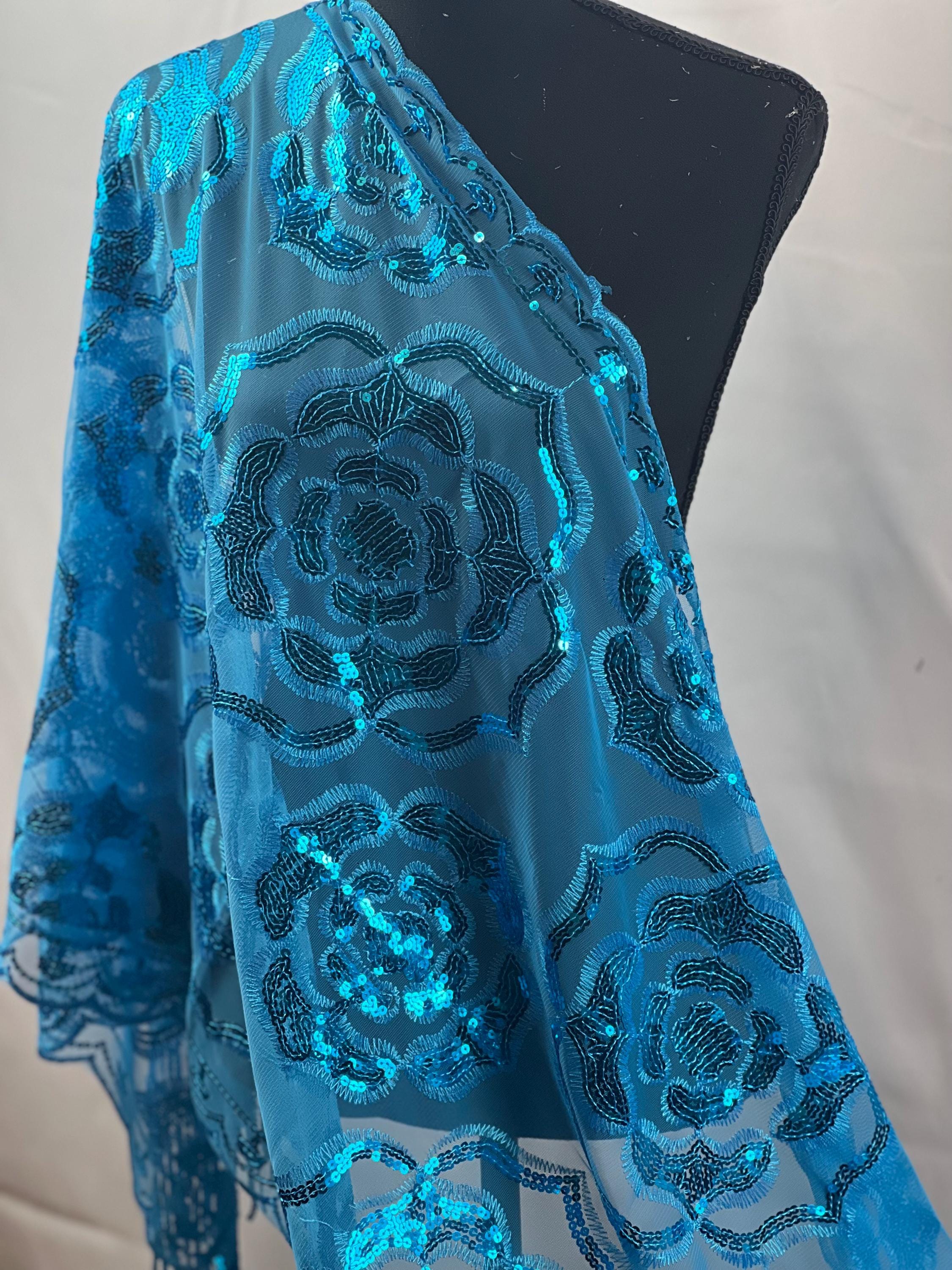 Sparkle Blue Exquisite Roses Decor Sequin Scarf – Floral Sequin Embroidery Shawl with Tassel Details