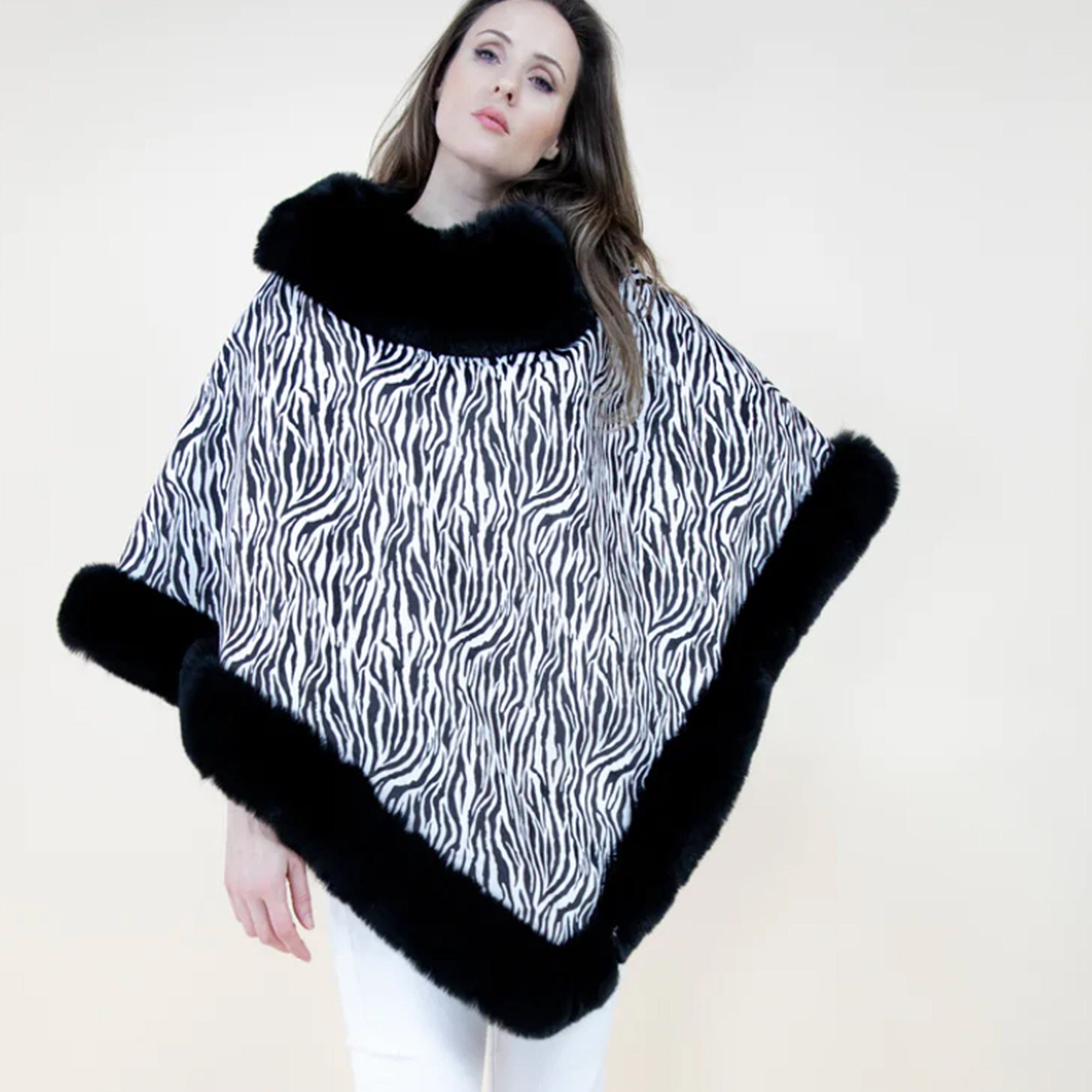 Zebra Print Black and White Faux Fur PONCHO