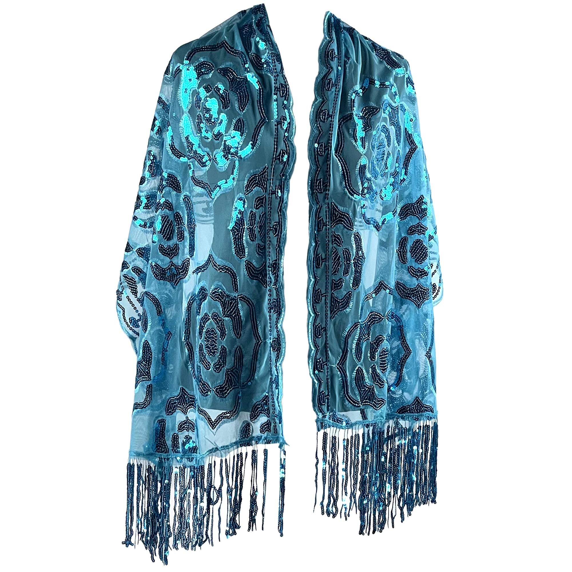 Sparkle Blue Exquisite Roses Decor Sequin Scarf – Floral Sequin Embroidery Shawl with Tassel Details