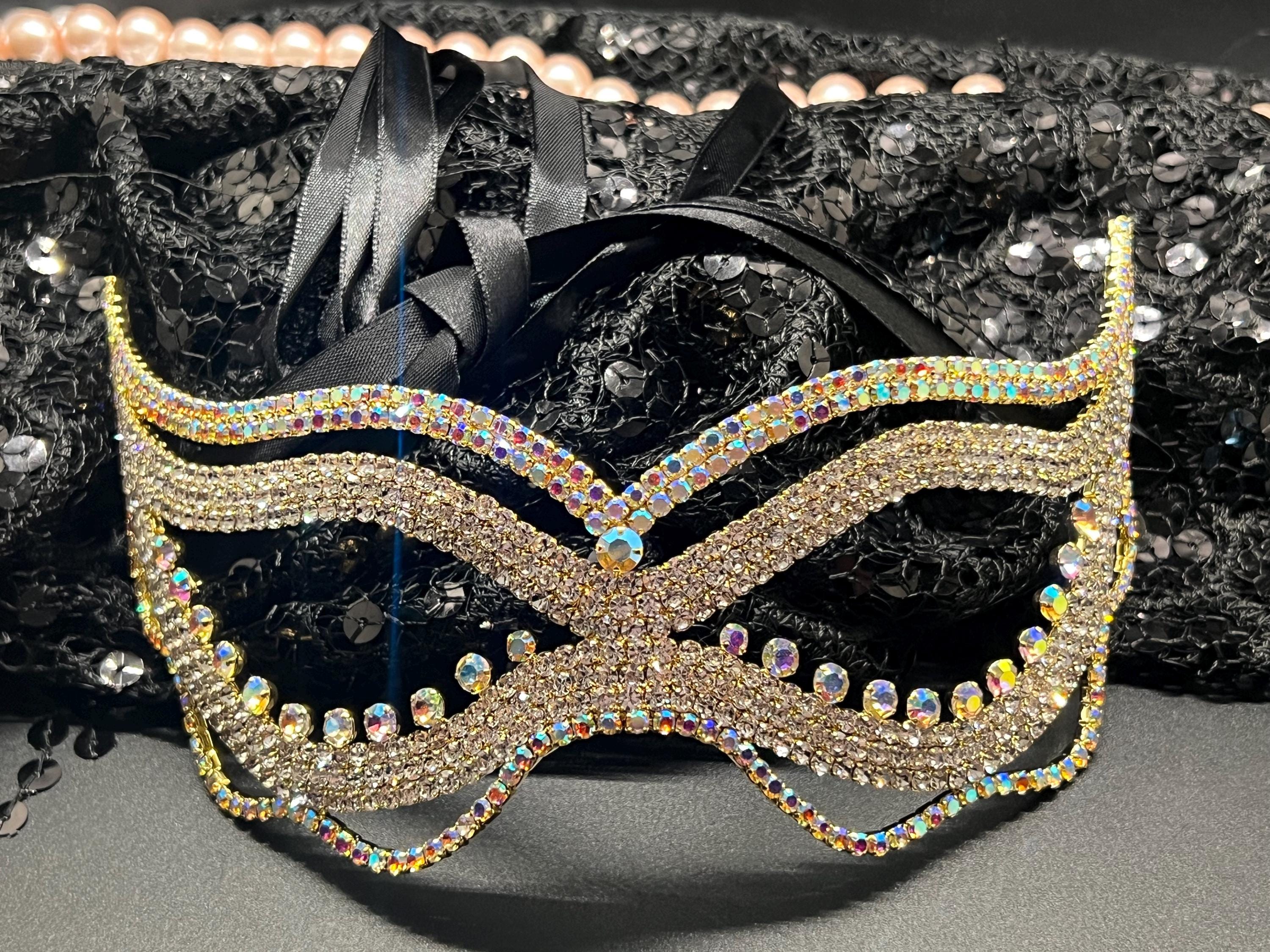 Gold Crystal Masquerade Mask – Sparkling Bling Eye Mask with Ribbon Tie