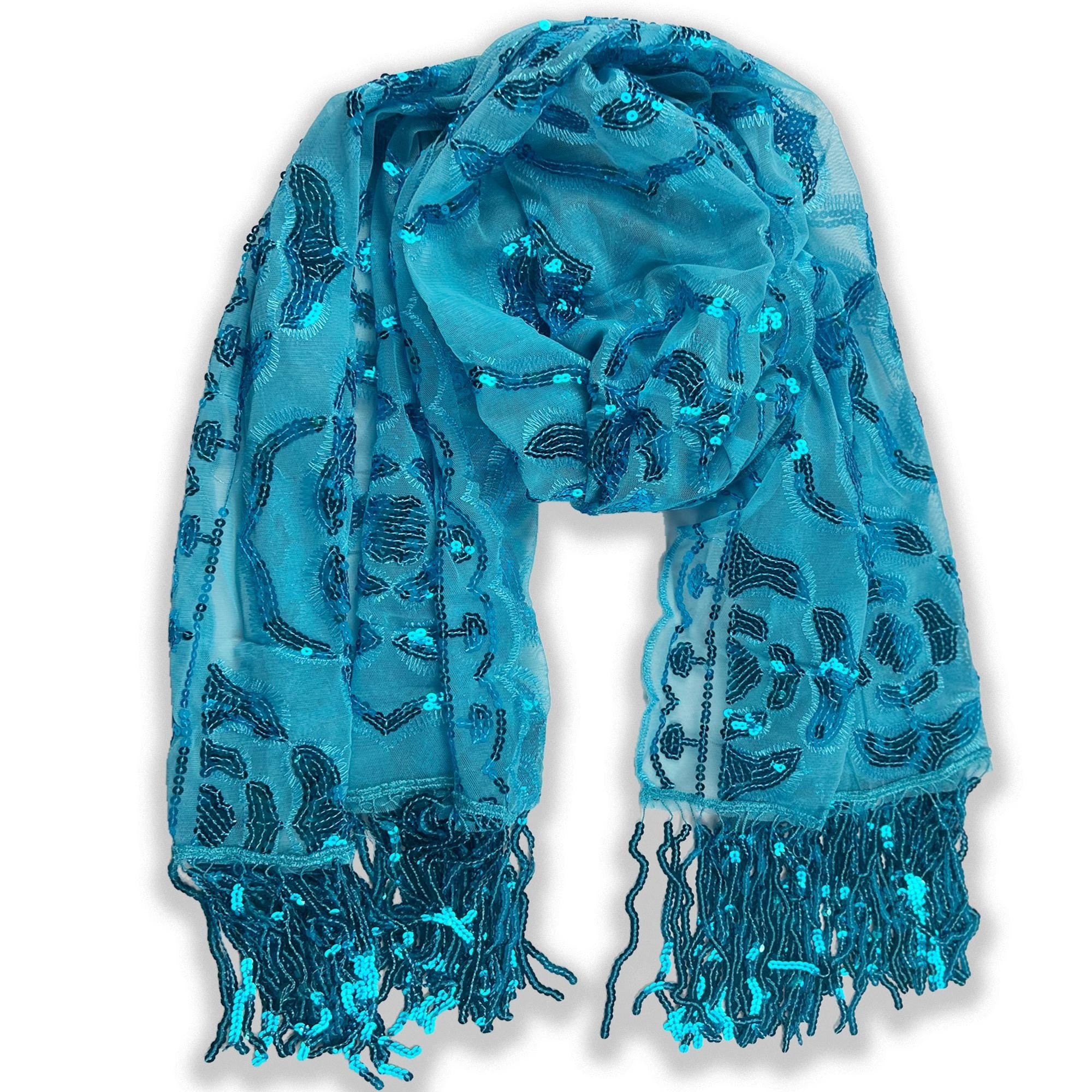 Sparkle Blue Exquisite Roses Decor Sequin Scarf – Floral Sequin Embroidery Shawl with Tassel Details