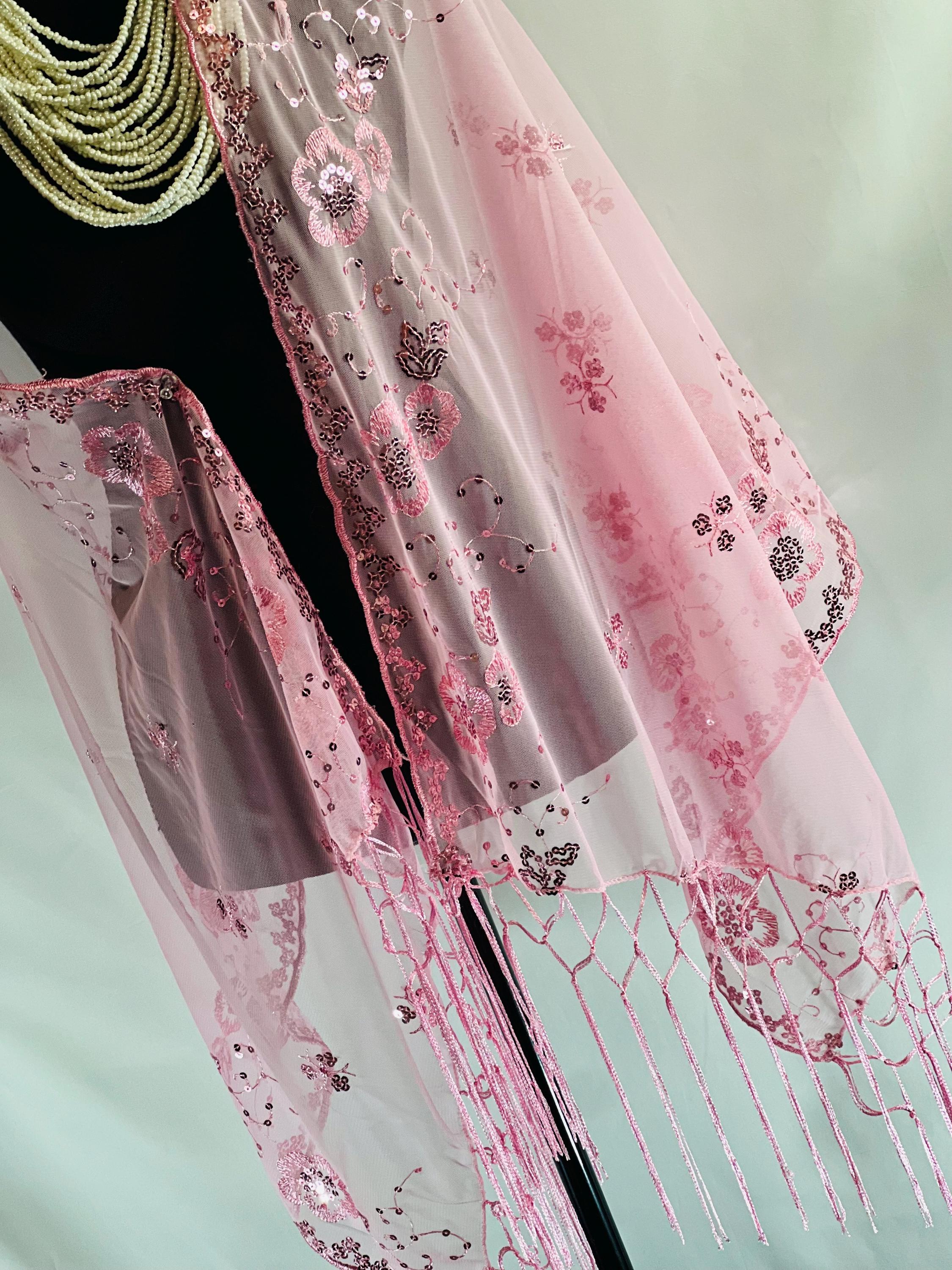 ROSE PINK Embroidery Floral Decor Sequin Scarf – Elegant Metallic Evening Shawl with Tassels, Sheer Look Sparkling Metallic Shawl