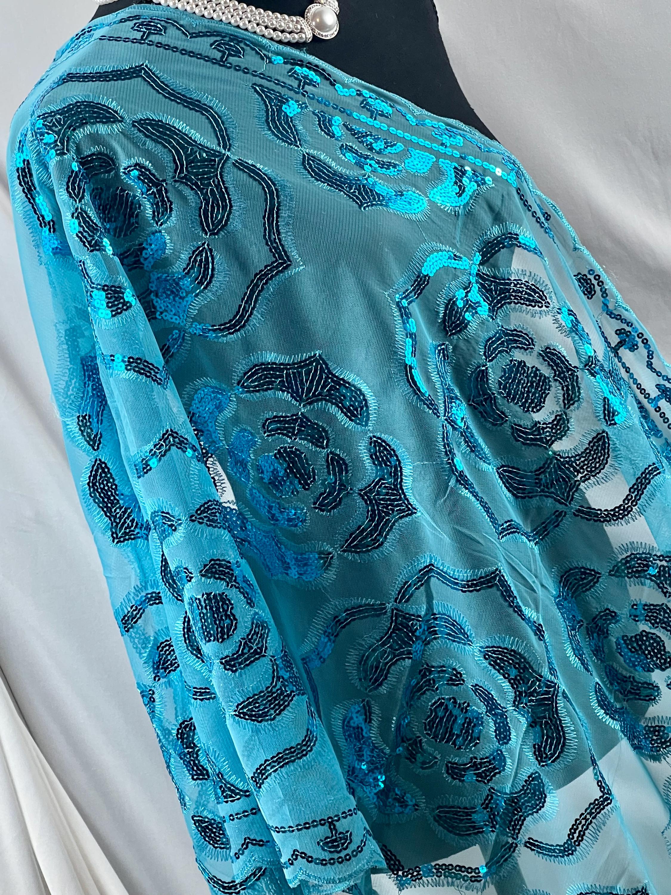 Sparkle Blue Exquisite Roses Decor Sequin Scarf – Floral Sequin Embroidery Shawl with Tassel Details