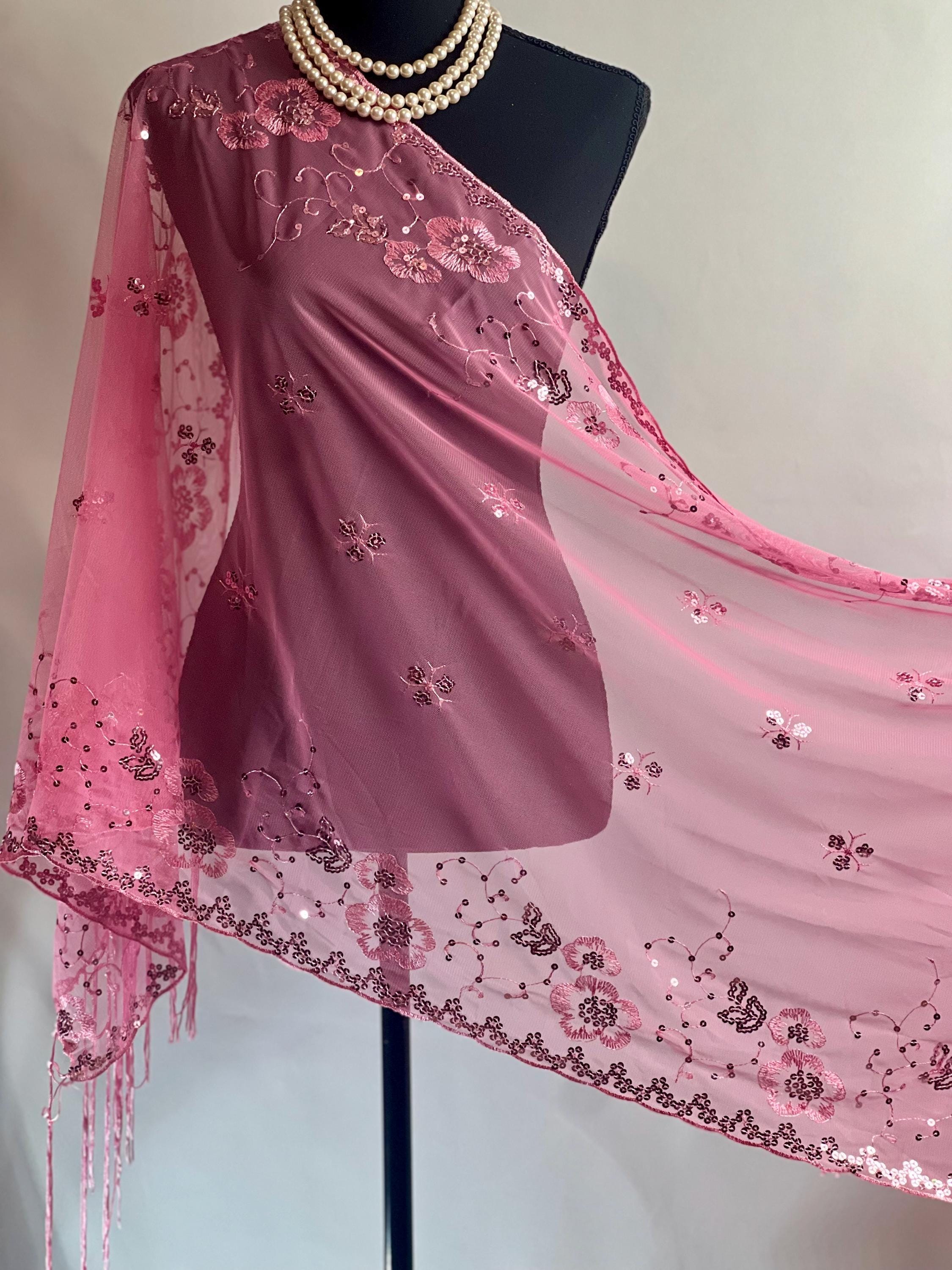 ROSE PINK Embroidery Floral Decor Sequin Scarf – Elegant Metallic Evening Shawl with Tassels, Sheer Look Sparkling Metallic Shawl