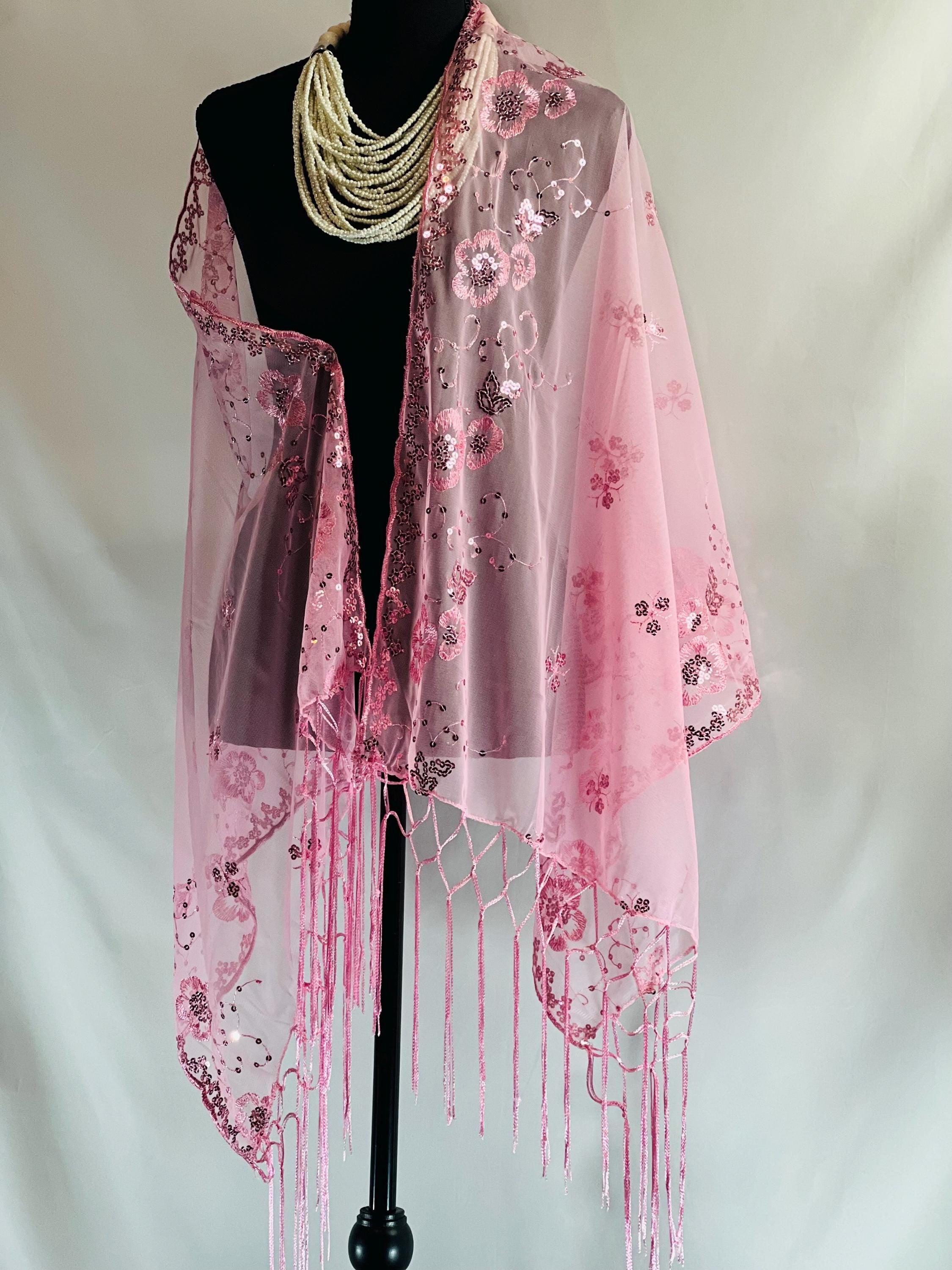 ROSE PINK Embroidery Floral Decor Sequin Scarf – Elegant Metallic Evening Shawl with Tassels, Sheer Look Sparkling Metallic Shawl