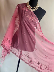 ROSE PINK Embroidery Floral Decor Sequin Scarf – Elegant Metallic Evening Shawl with Tassels, Sheer Look Sparkling Metallic Shawl