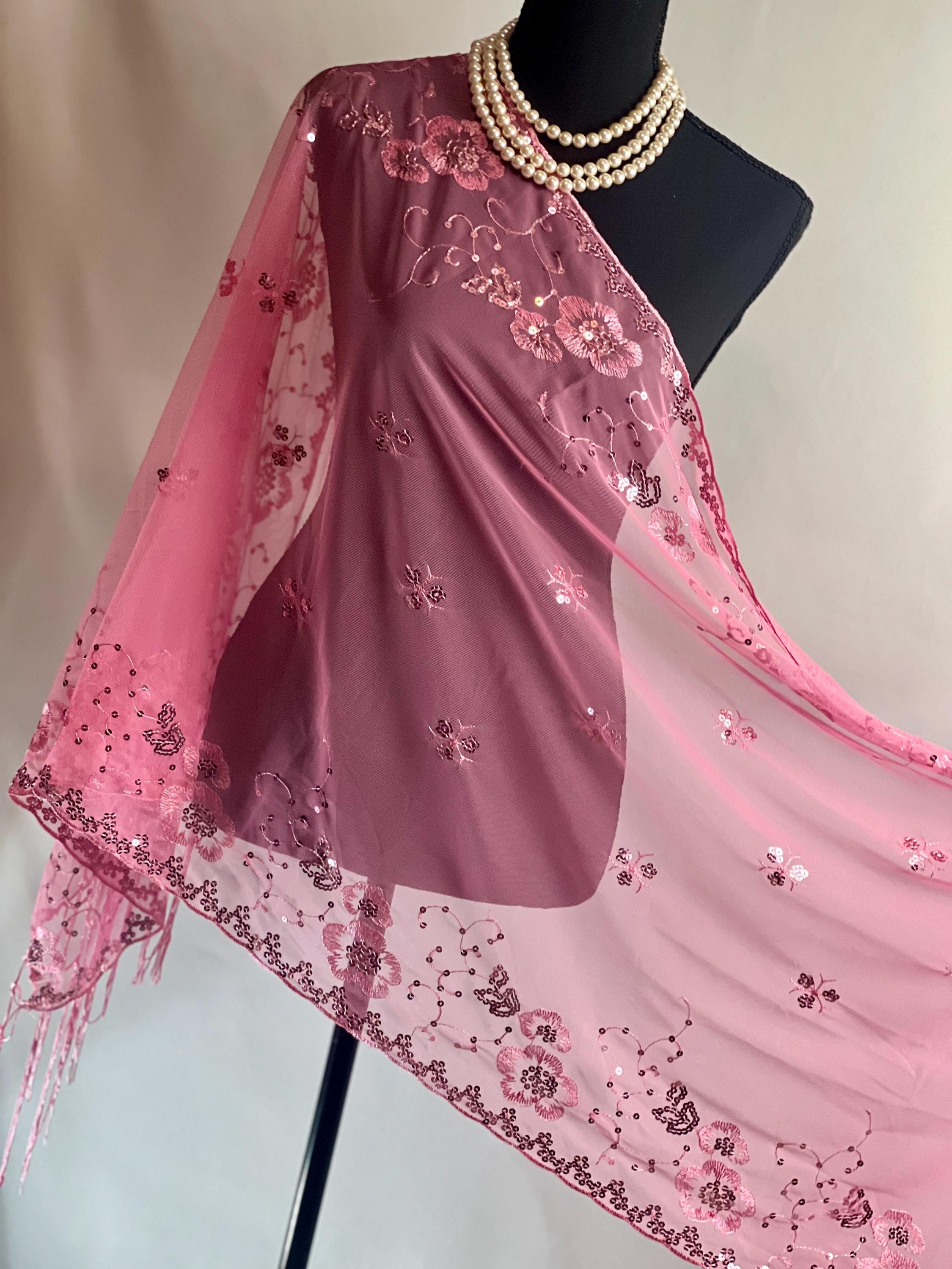 ROSE PINK Embroidery Floral Decor Sequin Scarf – Elegant Metallic Evening Shawl with Tassels, Sheer Look Sparkling Metallic Shawl