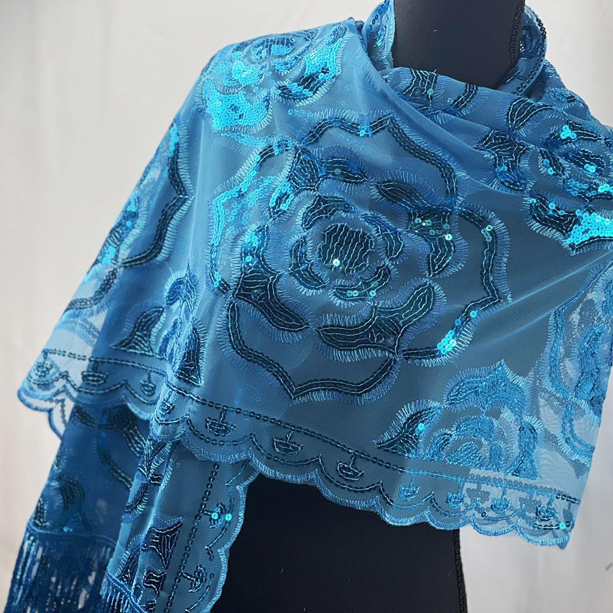 Sparkle Blue Exquisite Roses Decor Sequin Scarf – Floral Sequin Embroidery Shawl with Tassel Details