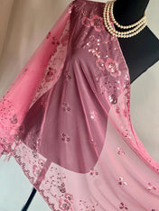 ROSE PINK Embroidery Floral Decor Sequin Scarf – Elegant Metallic Evening Shawl with Tassels, Sheer Look Sparkling Metallic Shawl