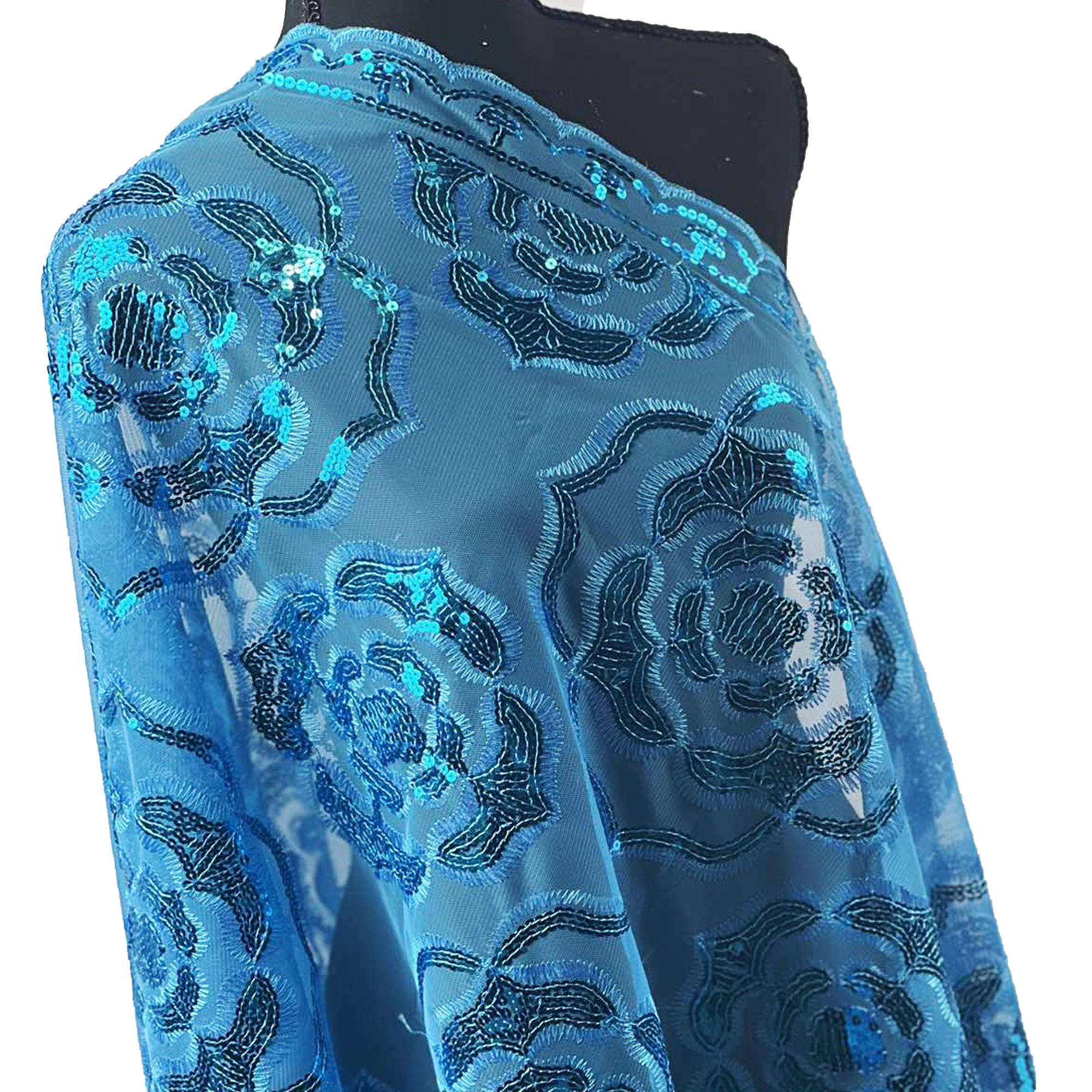 Sparkle Blue Exquisite Roses Decor Sequin Scarf – Floral Sequin Embroidery Shawl with Tassel Details