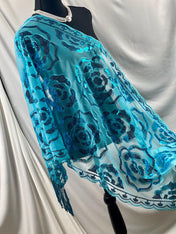 Sparkle Blue Exquisite Roses Decor Sequin Scarf – Floral Sequin Embroidery Shawl with Tassel Details