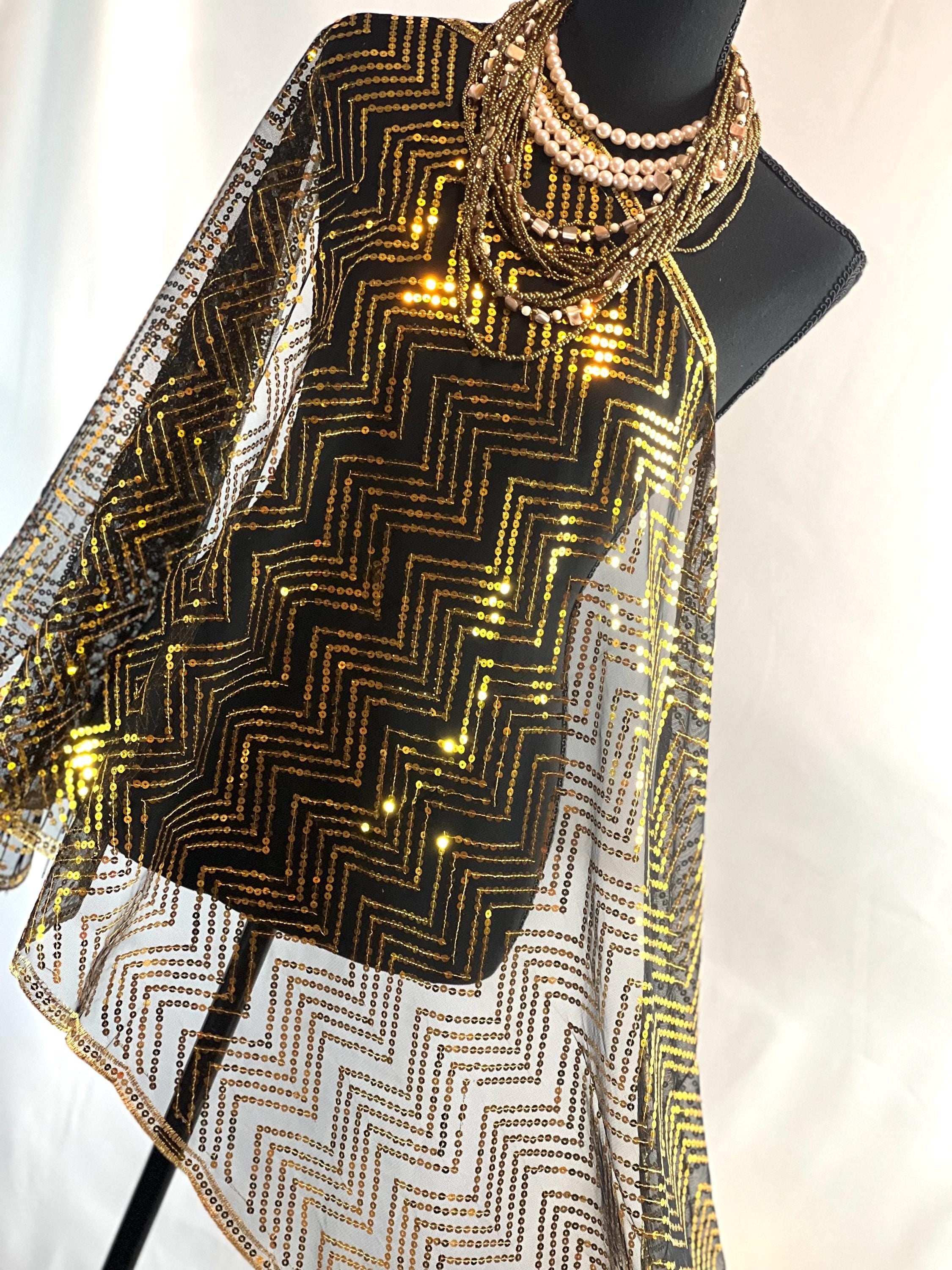 BLACK Gold Sparkle Metallic Sequin Scarf – Bling Evening Shawl with Tassel Details