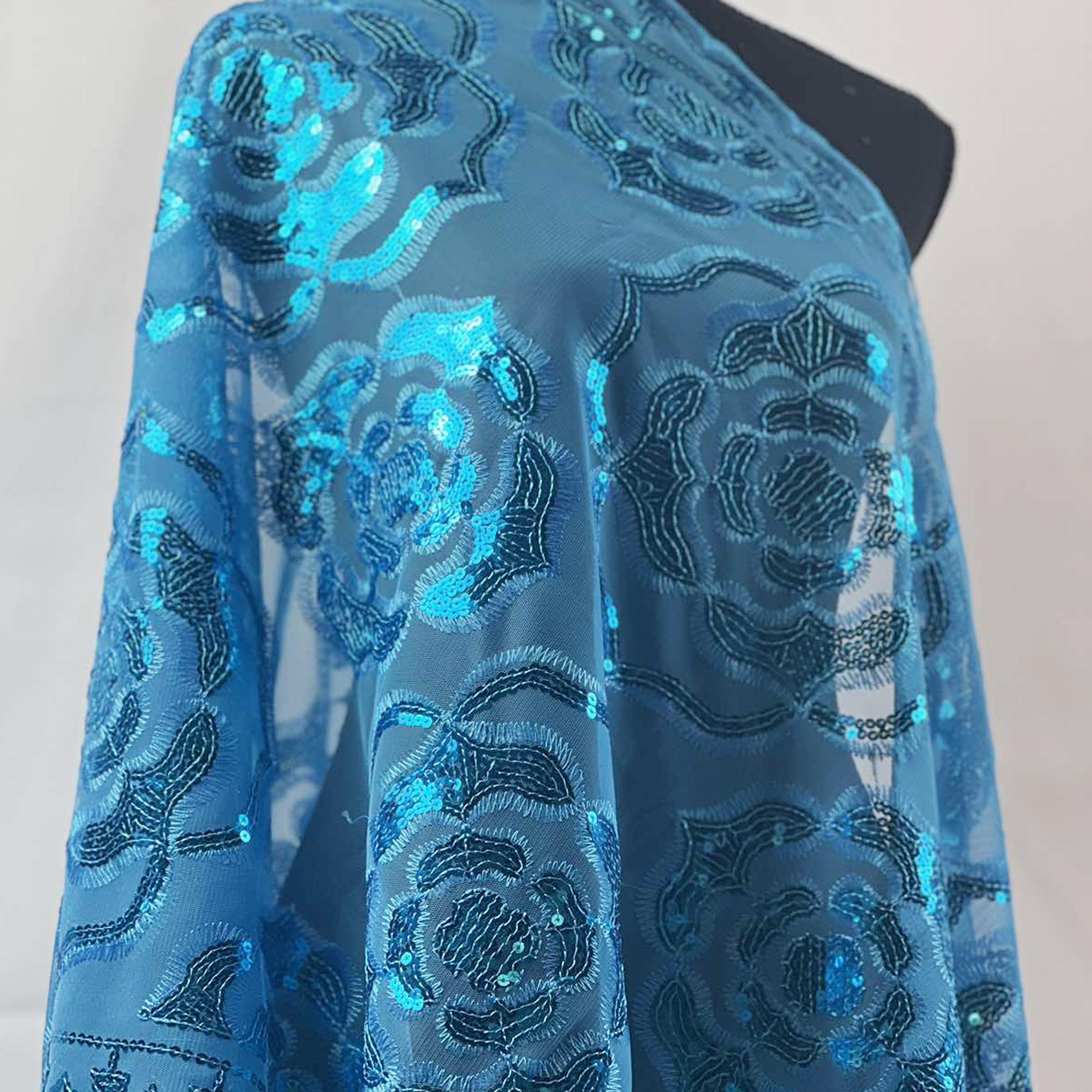 Sparkle Blue Exquisite Roses Decor Sequin Scarf – Floral Sequin Embroidery Shawl with Tassel Details