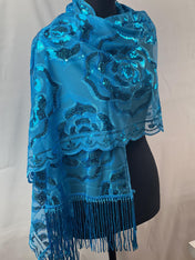 Sparkle Blue Exquisite Roses Decor Sequin Scarf – Floral Sequin Embroidery Shawl with Tassel Details