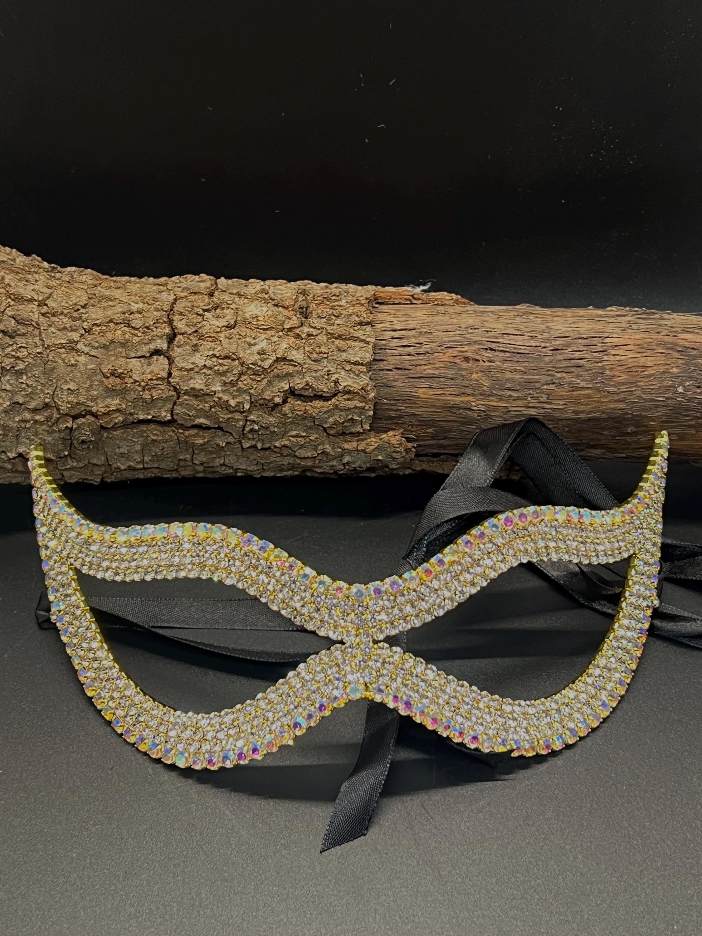 Gold Crystal Masquerade Mask – Sparkling Bling Eye Mask with Ribbon Tie