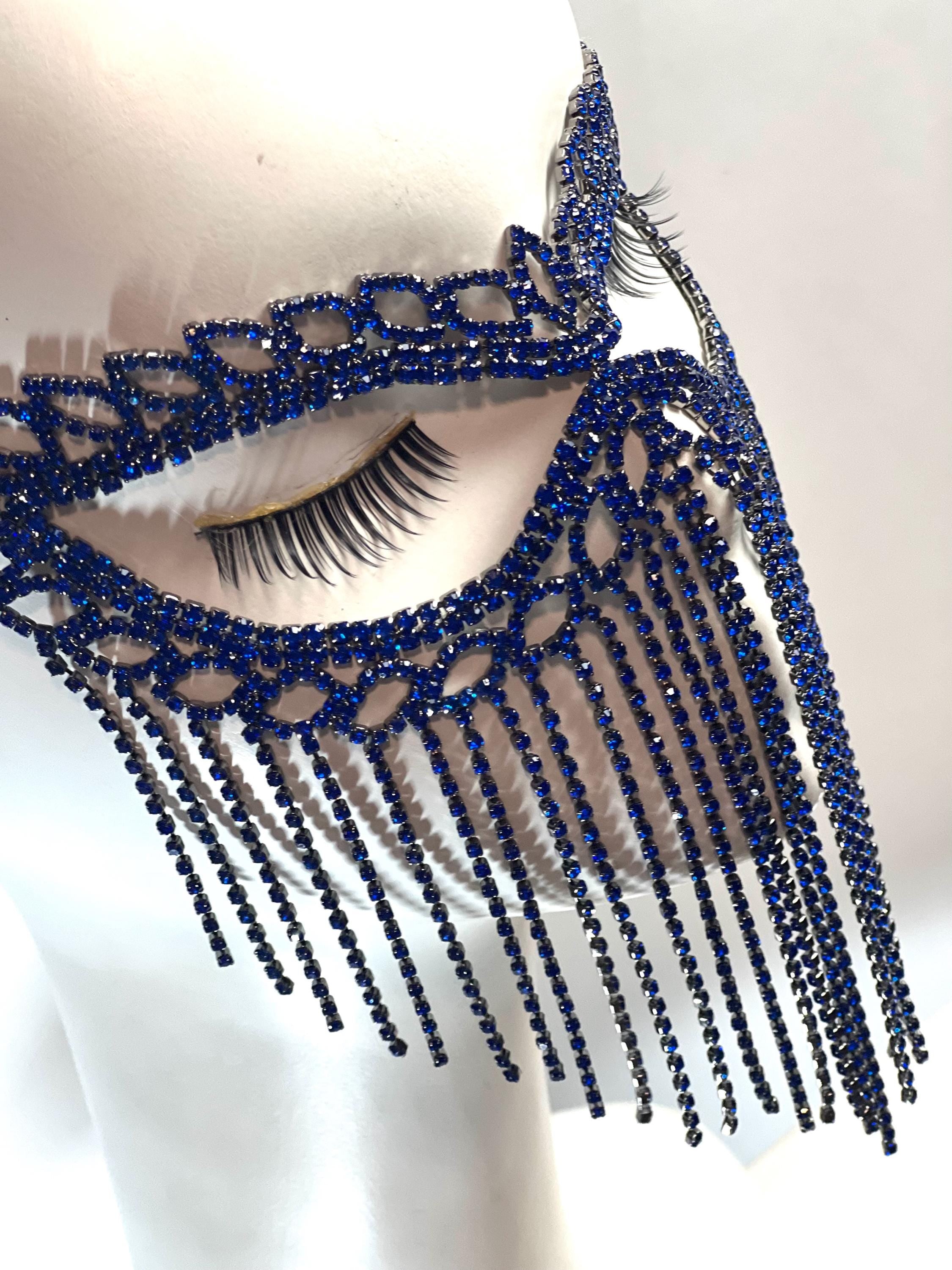 Royal Blue Crystal Tassel Masquerade Mask – Elegant and Glamorous