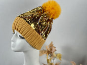 Gold Yellow Pom Pom Sequin Thick Warm Hat – Cozy, Sparkling Winter Essential