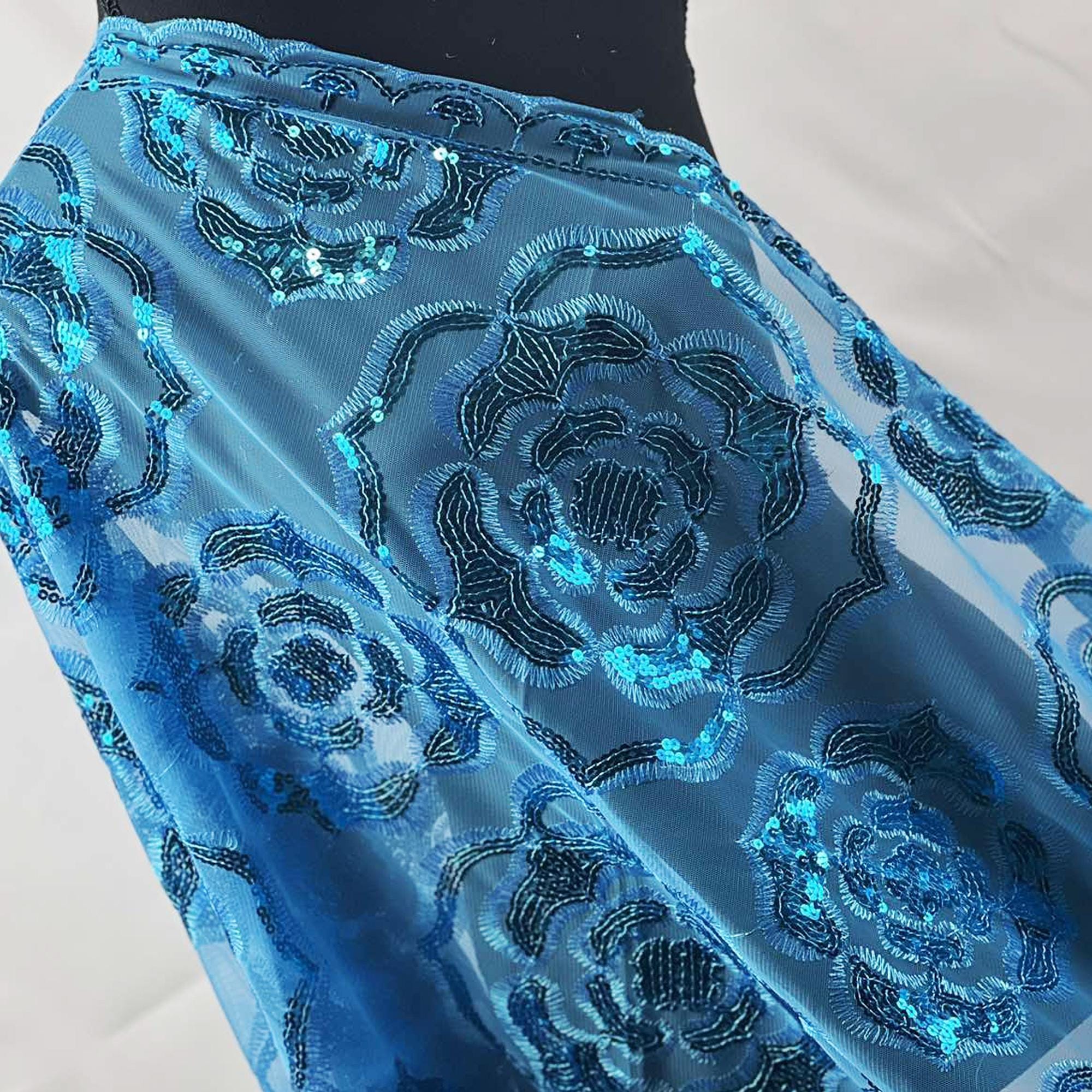 Sparkle Blue Exquisite Roses Decor Sequin Scarf – Floral Sequin Embroidery Shawl with Tassel Details