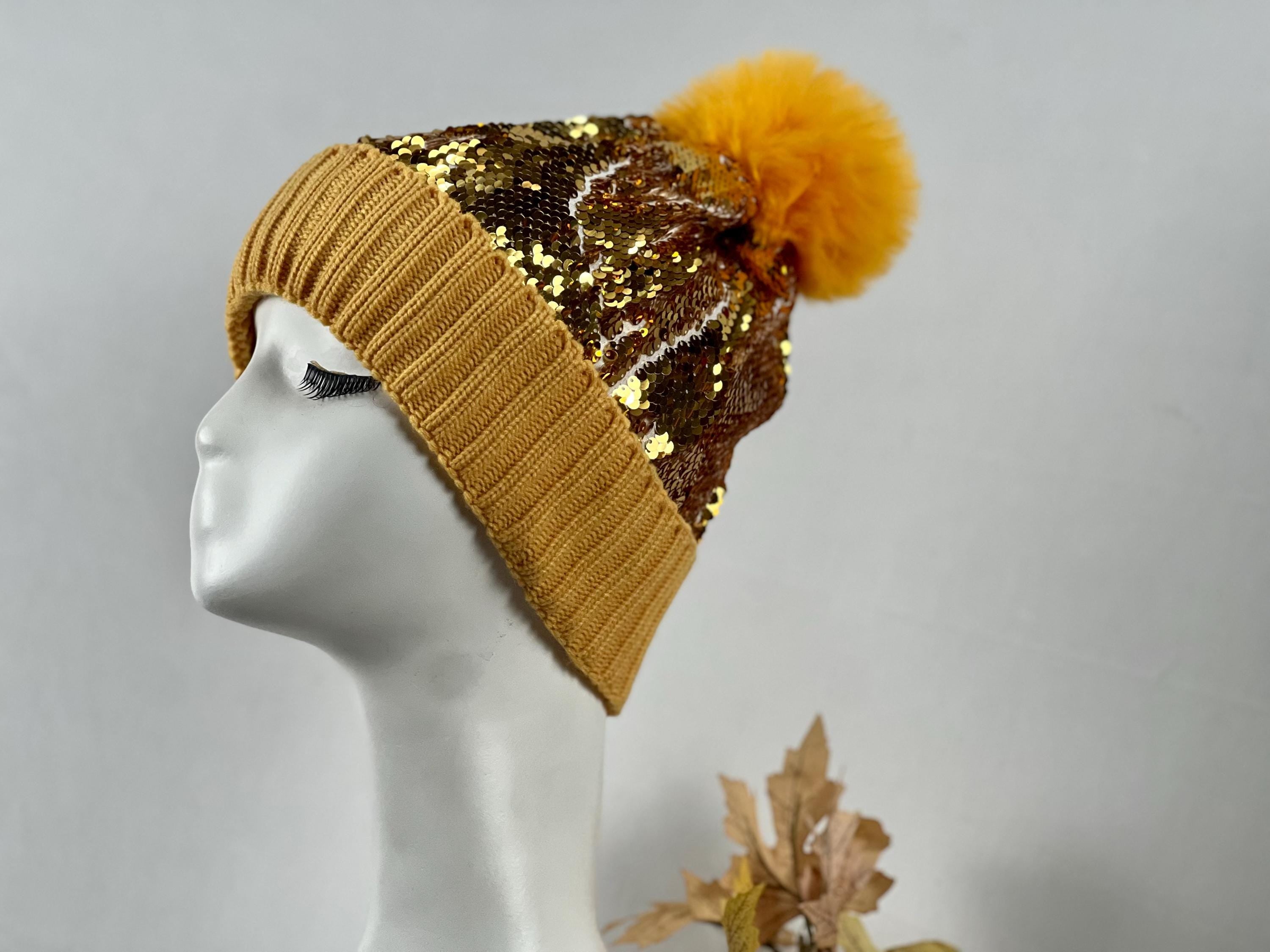 Gold Yellow Pom Pom Sequin Thick Warm Hat – Cozy, Sparkling Winter Essential