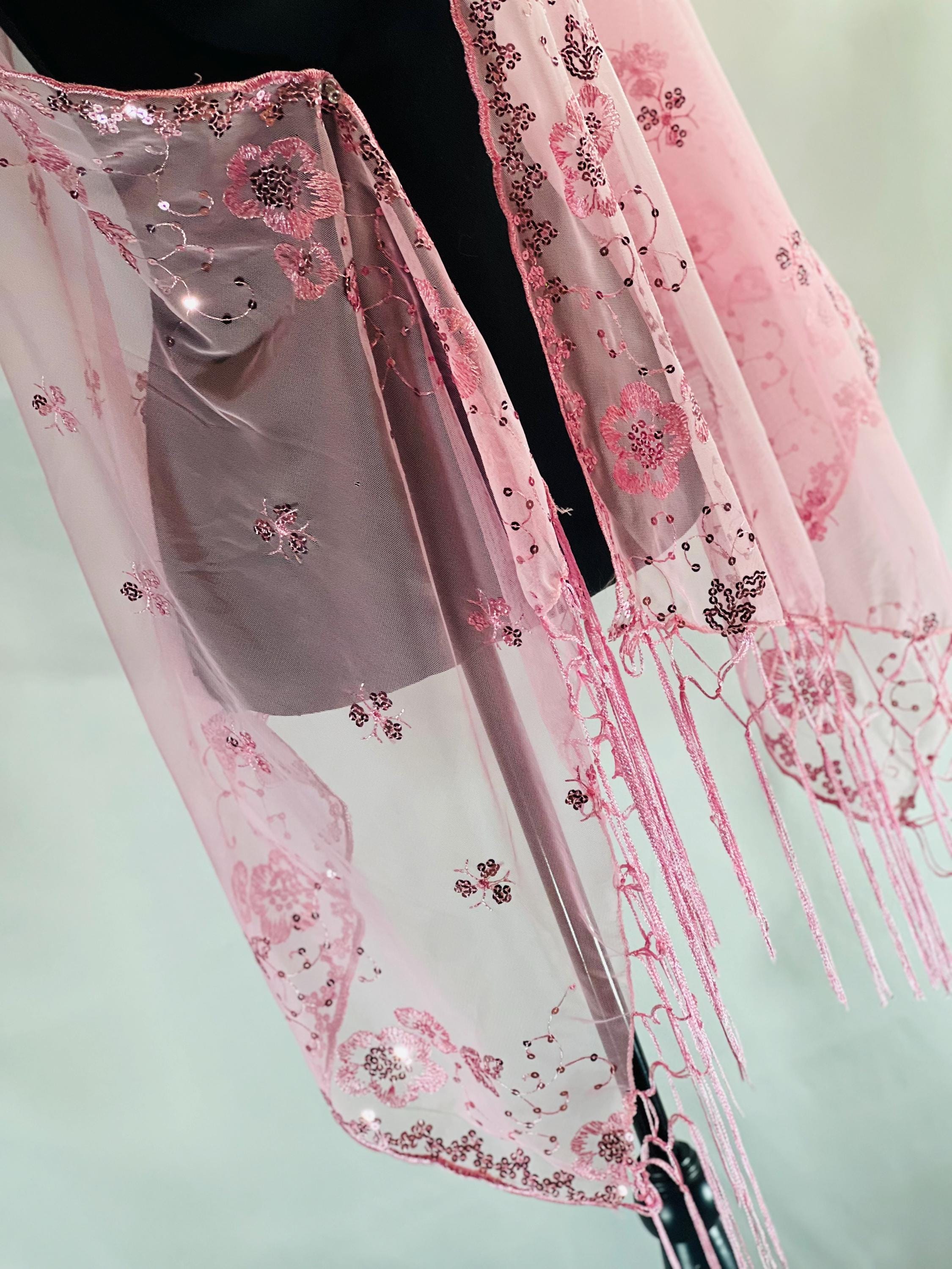 ROSE PINK Embroidery Floral Decor Sequin Scarf – Elegant Metallic Evening Shawl with Tassels, Sheer Look Sparkling Metallic Shawl