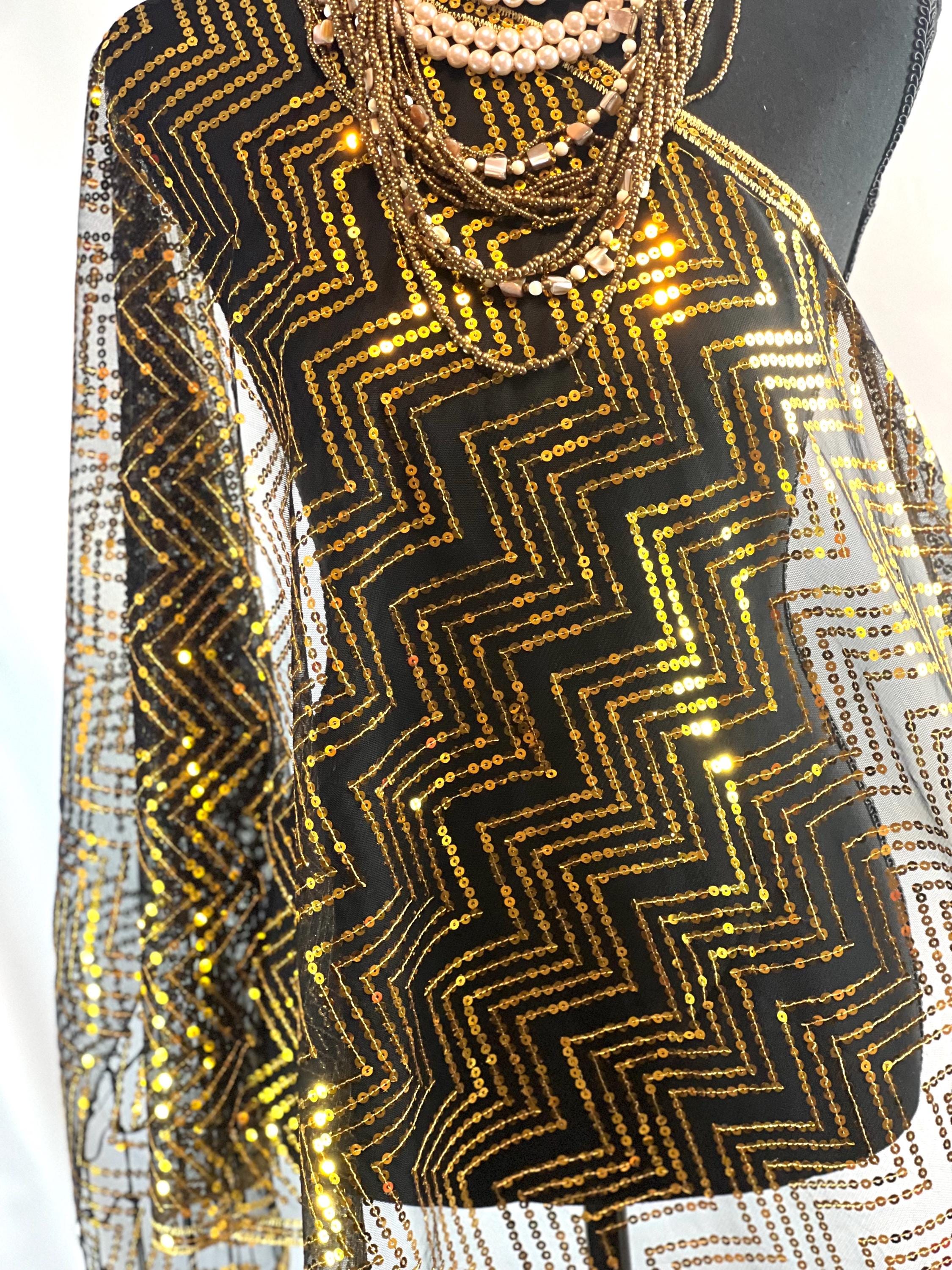 BLACK Gold Sparkle Metallic Sequin Scarf – Bling Evening Shawl with Tassel Details