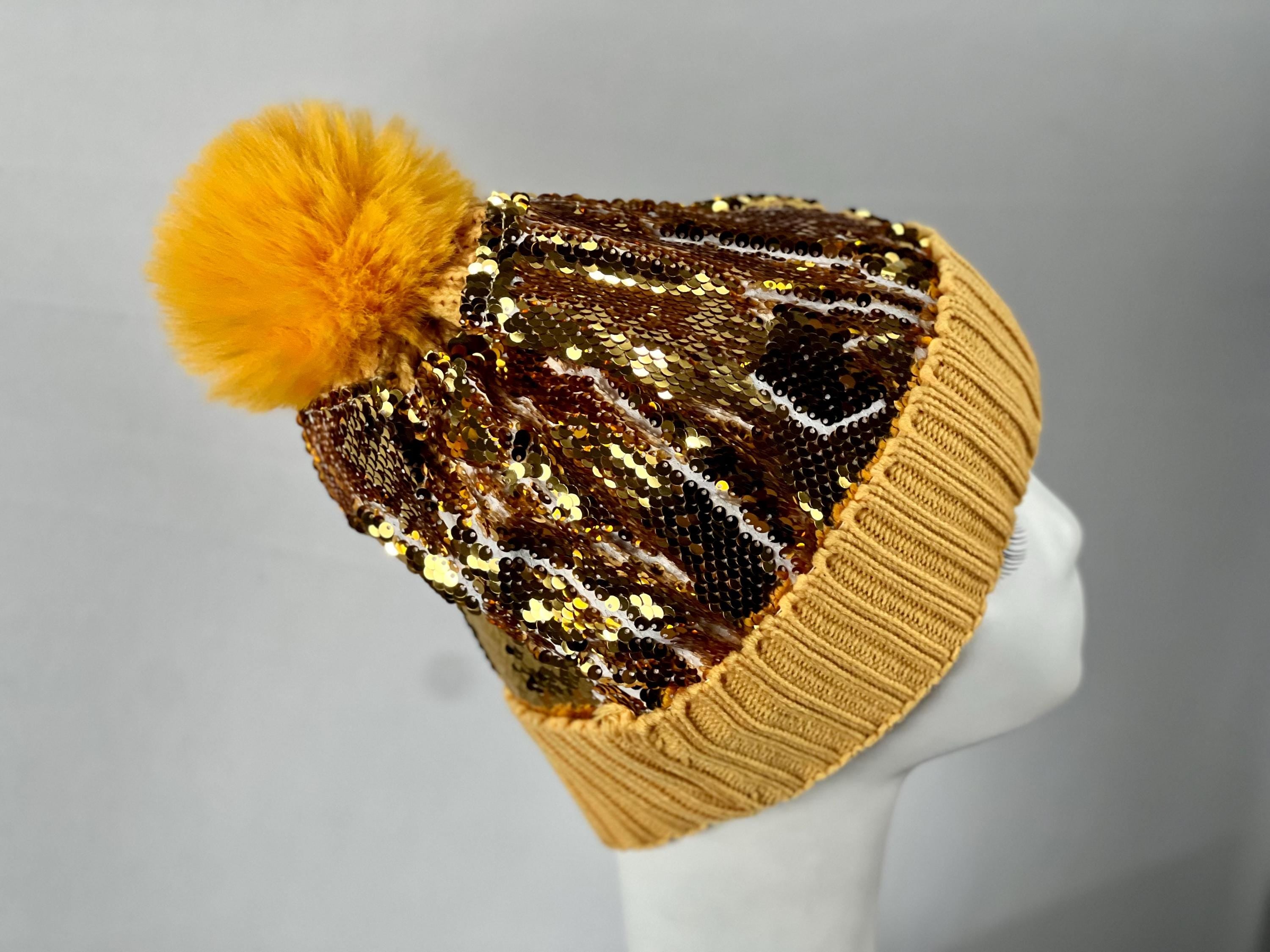 Gold Yellow Pom Pom Sequin Thick Warm Hat – Cozy, Sparkling Winter Essential