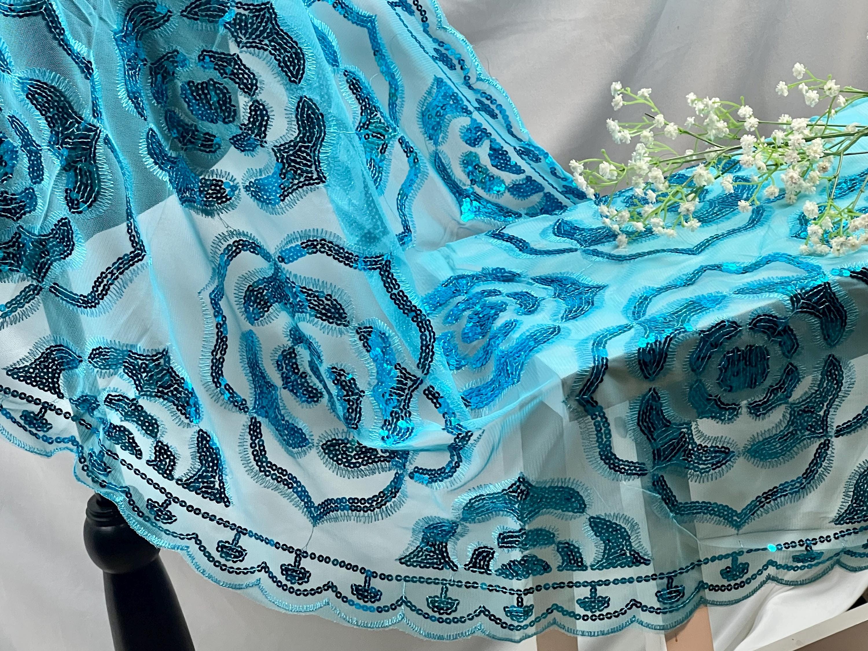 Sparkle Blue Exquisite Roses Decor Sequin Scarf – Floral Sequin Embroidery Shawl with Tassel Details