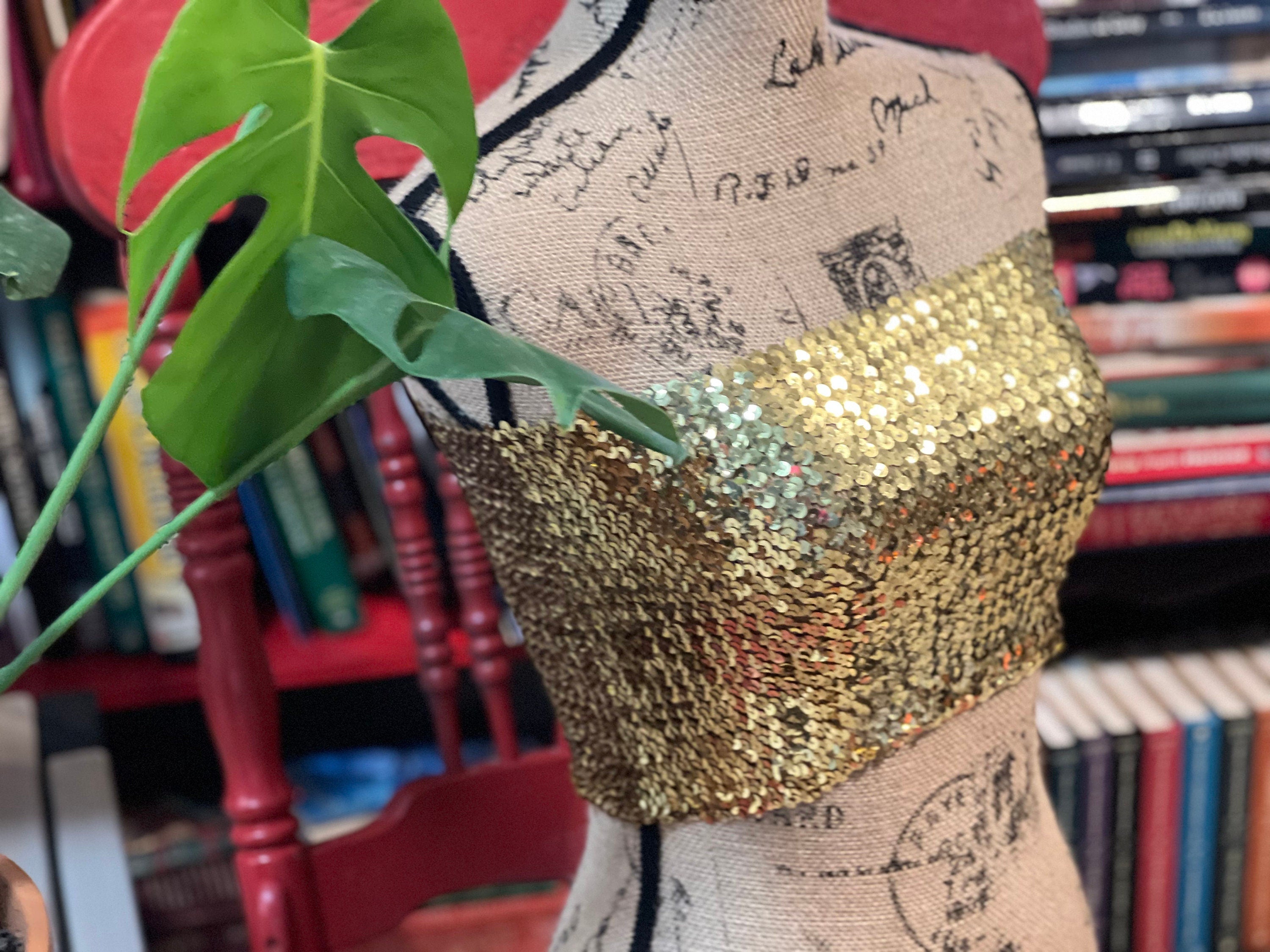 GOLD SEQUIN Bandeau top, Strapless Bra Top, Shiny Sequin Party Cropped Strapless Bandeau Stretch Tube Top. More colors available